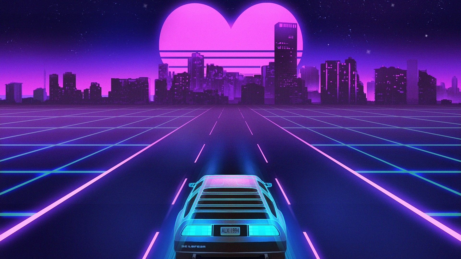 DeLorean, Synthwave, Retrowave, Herz, Neon-Gitter, Skyline, Full HD, Windows-Hintergrundbild