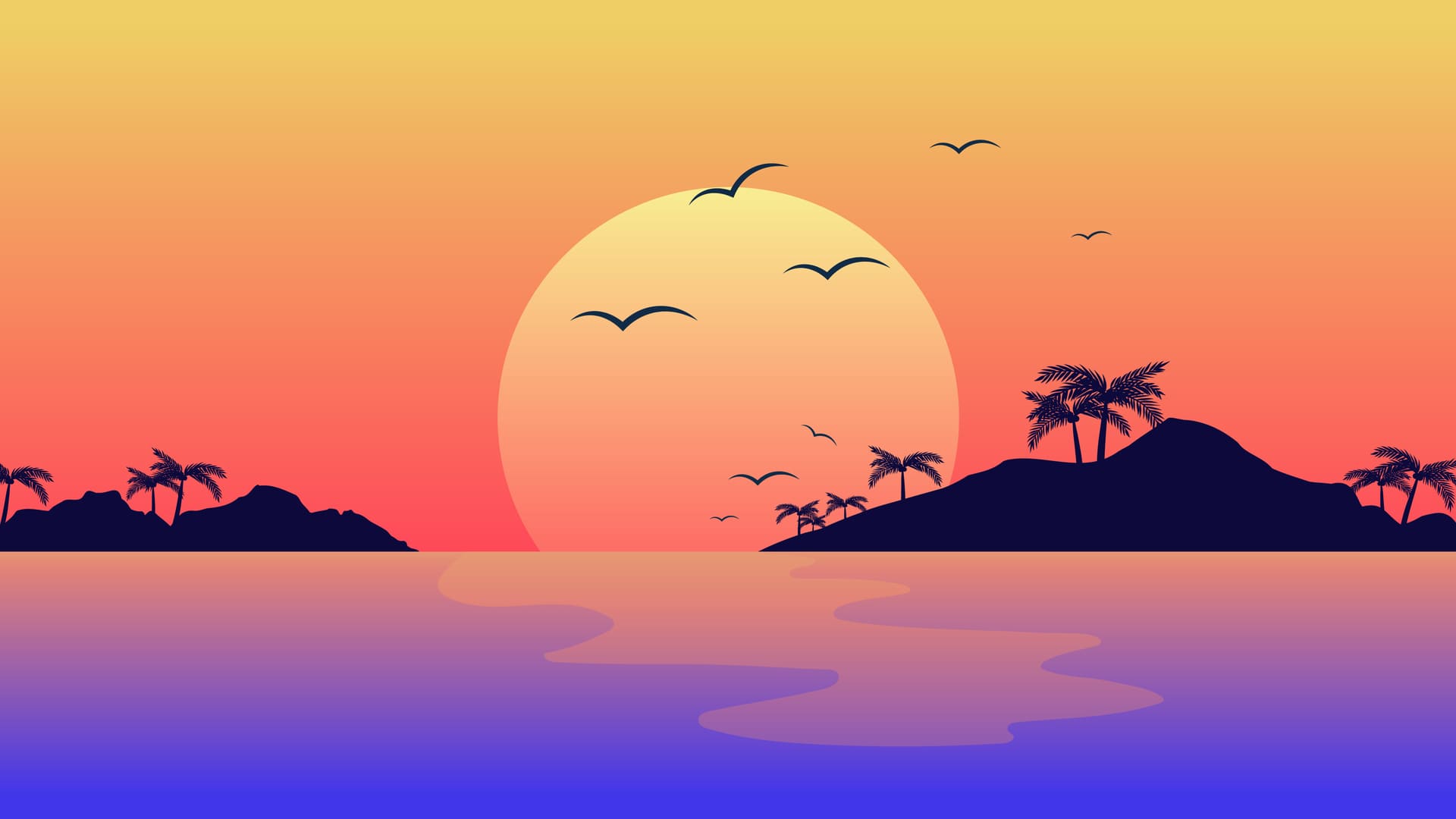 Tropische Insel, Palmen, Sonnenuntergang, Möwen, Meer, Vektorgrafik, Full HD, Laptop-Hintergrundbild