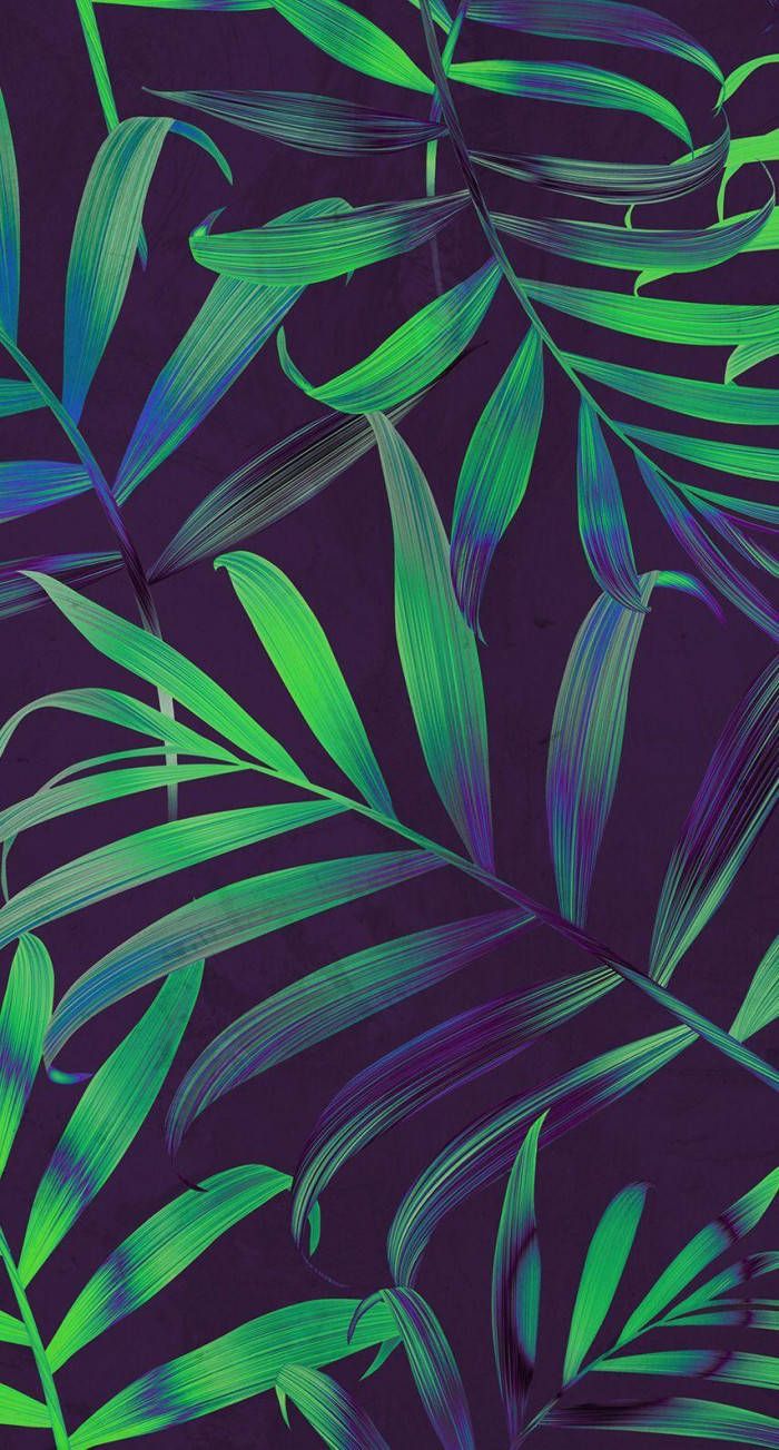 Palmblätter, Muster, Violetter Hintergrund, Grün, Hochformat, Sperrbildschirm fürs iPhone