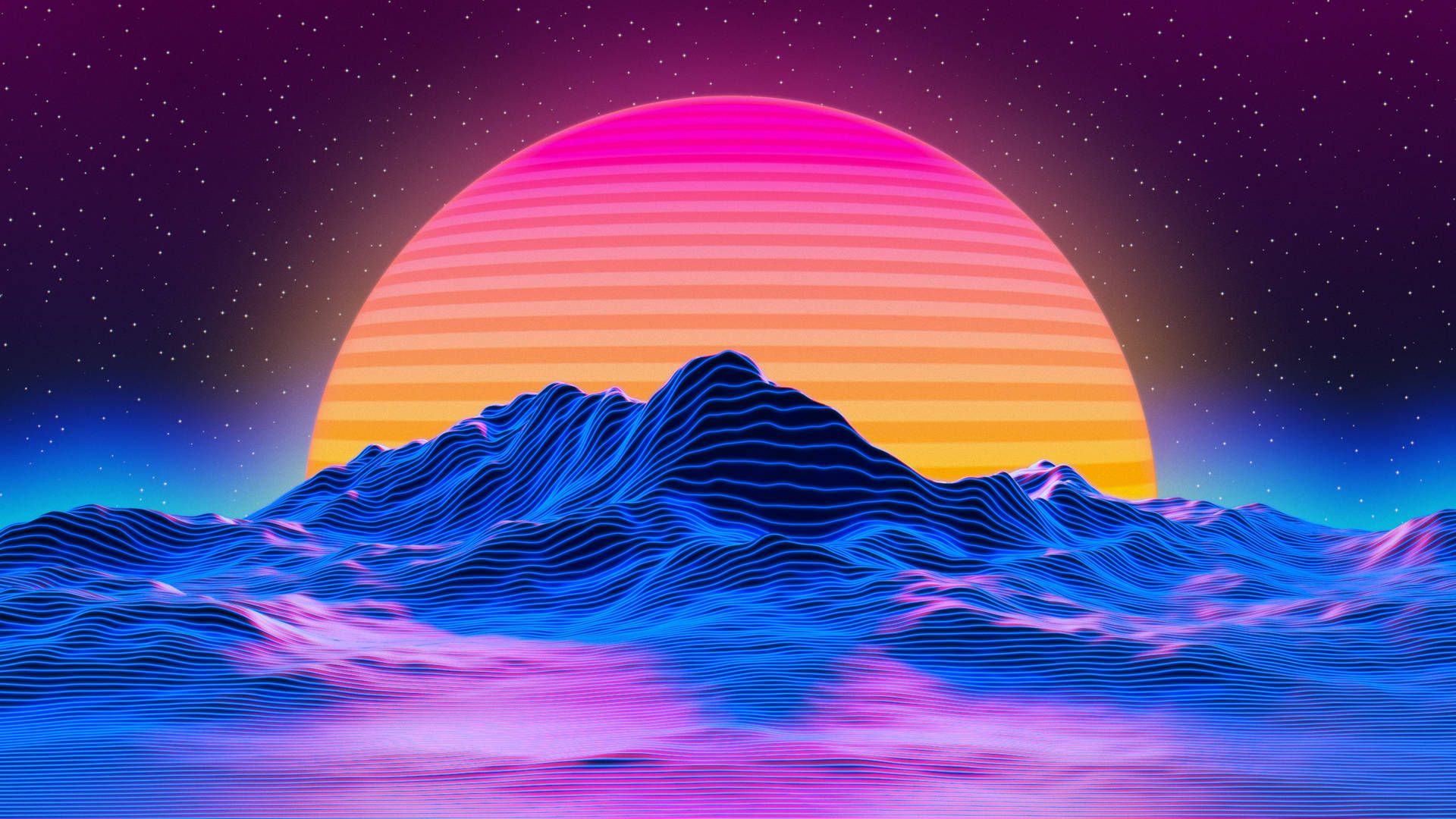 Synthwave, Sonnenuntergang, Berge, Neonfarben, Retrowave, Full HD, Windows-Hintergrundbild
