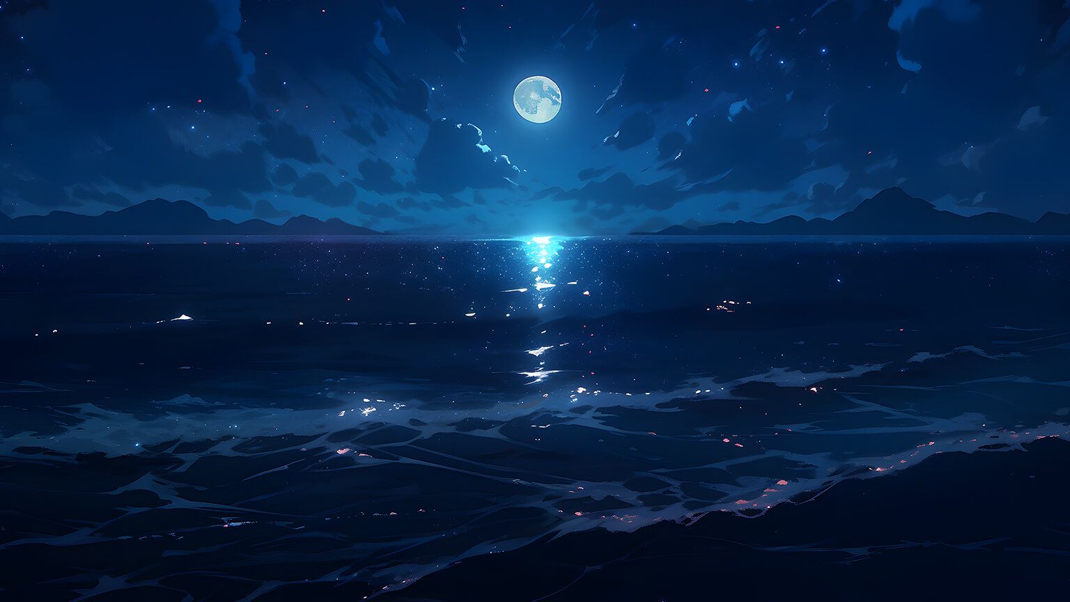 Meer, Mond, Nacht, Mondlicht, Wellen, 16:9, HD-Hintergrundbild für den Desktop