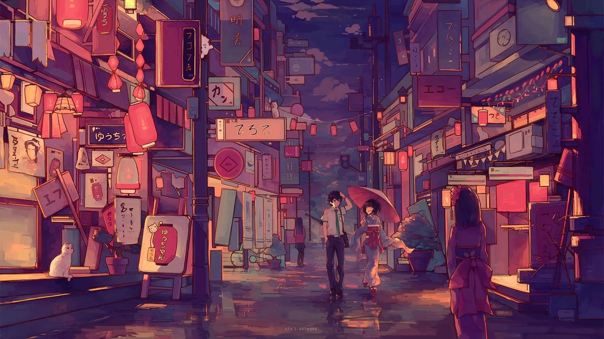 Gasse, Asiatische Stadt, Laternen, Menschen, Digitale Malerei, Full HD, PC-Hintergrundbild
