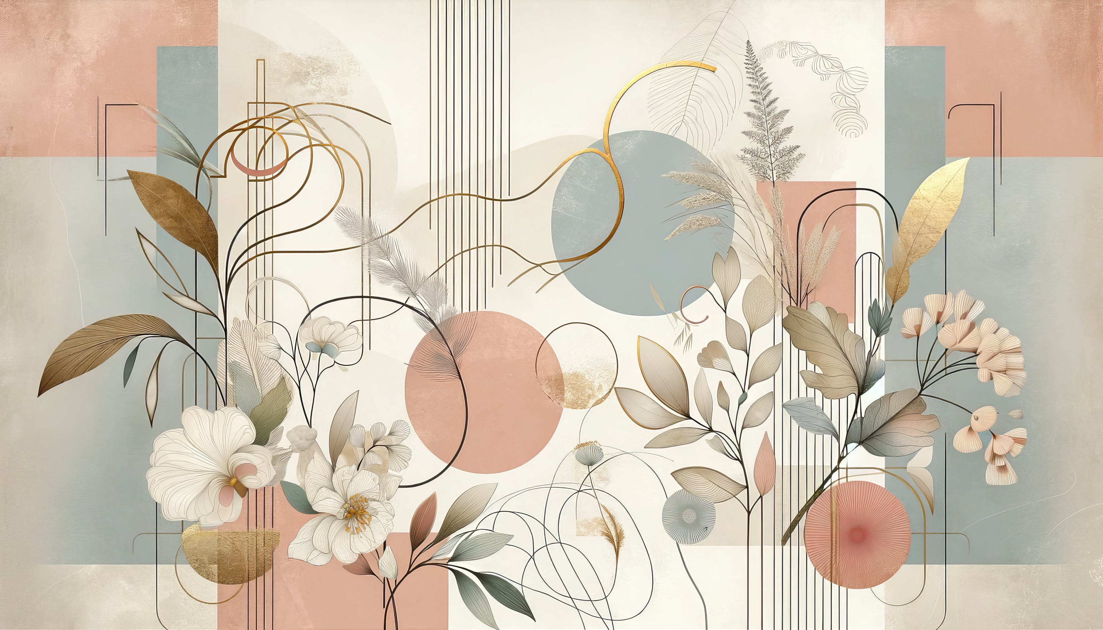 Blumen, Botanische Illustration, Abstrakte Formen, Pastell, Gold, 2K, Desktop-Hintergrund