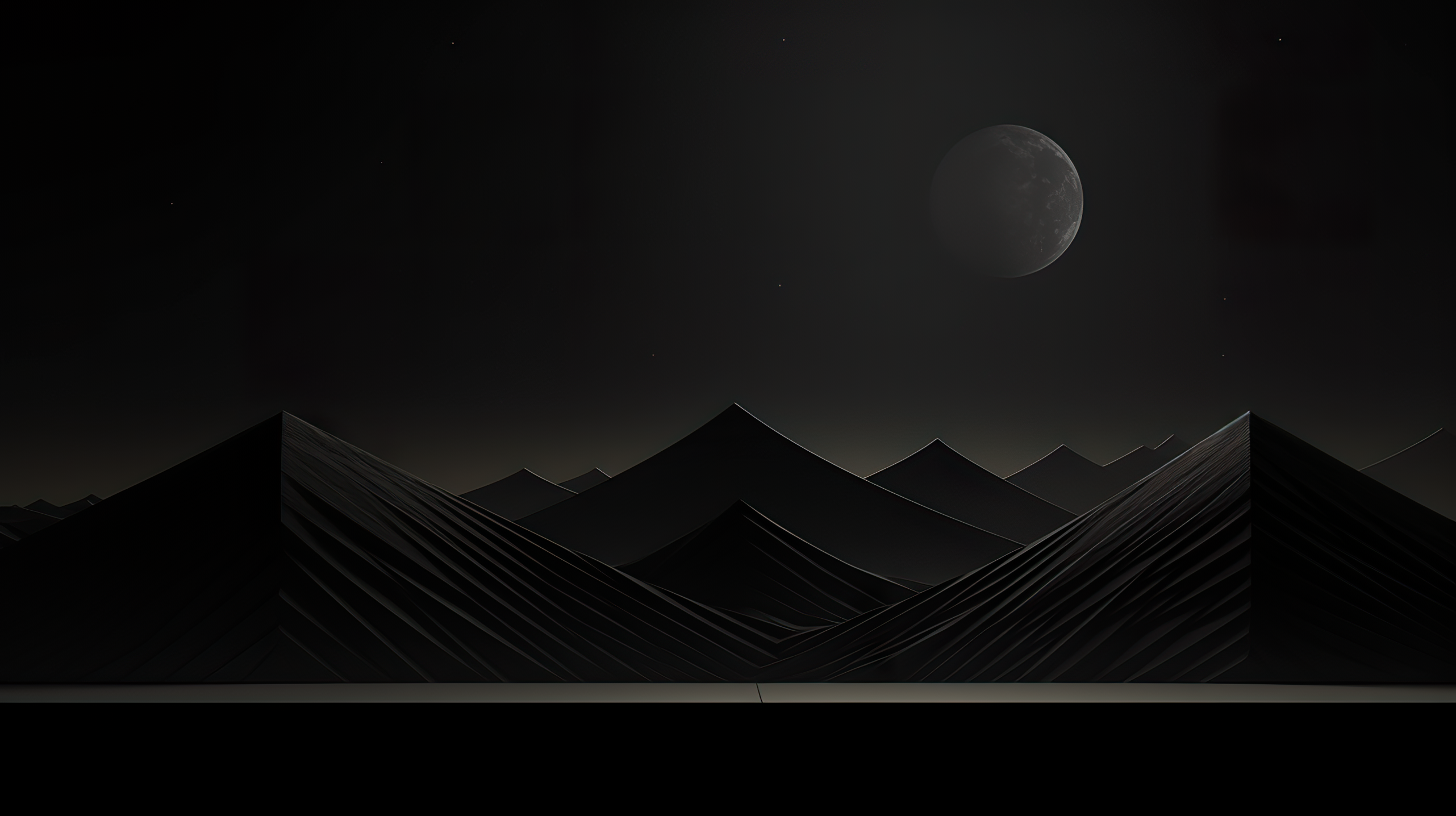 Berge, Mond, Dunkel, Minimalistisch, Grautöne, 2K, Hintergrundbild für den PC