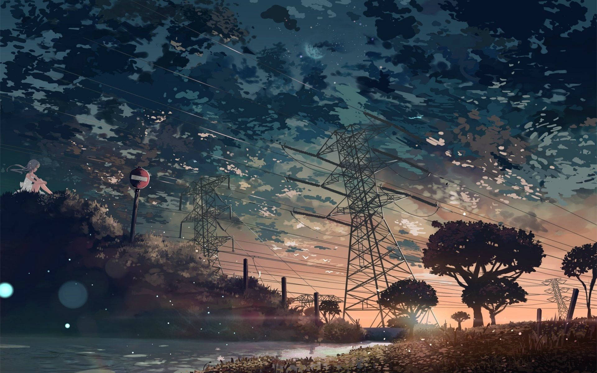 Anime-Stil, Strommast, Sonnenuntergang, Bäume, Wolken, 16:10, Full-HD-Hintergrundbild für den Desktop