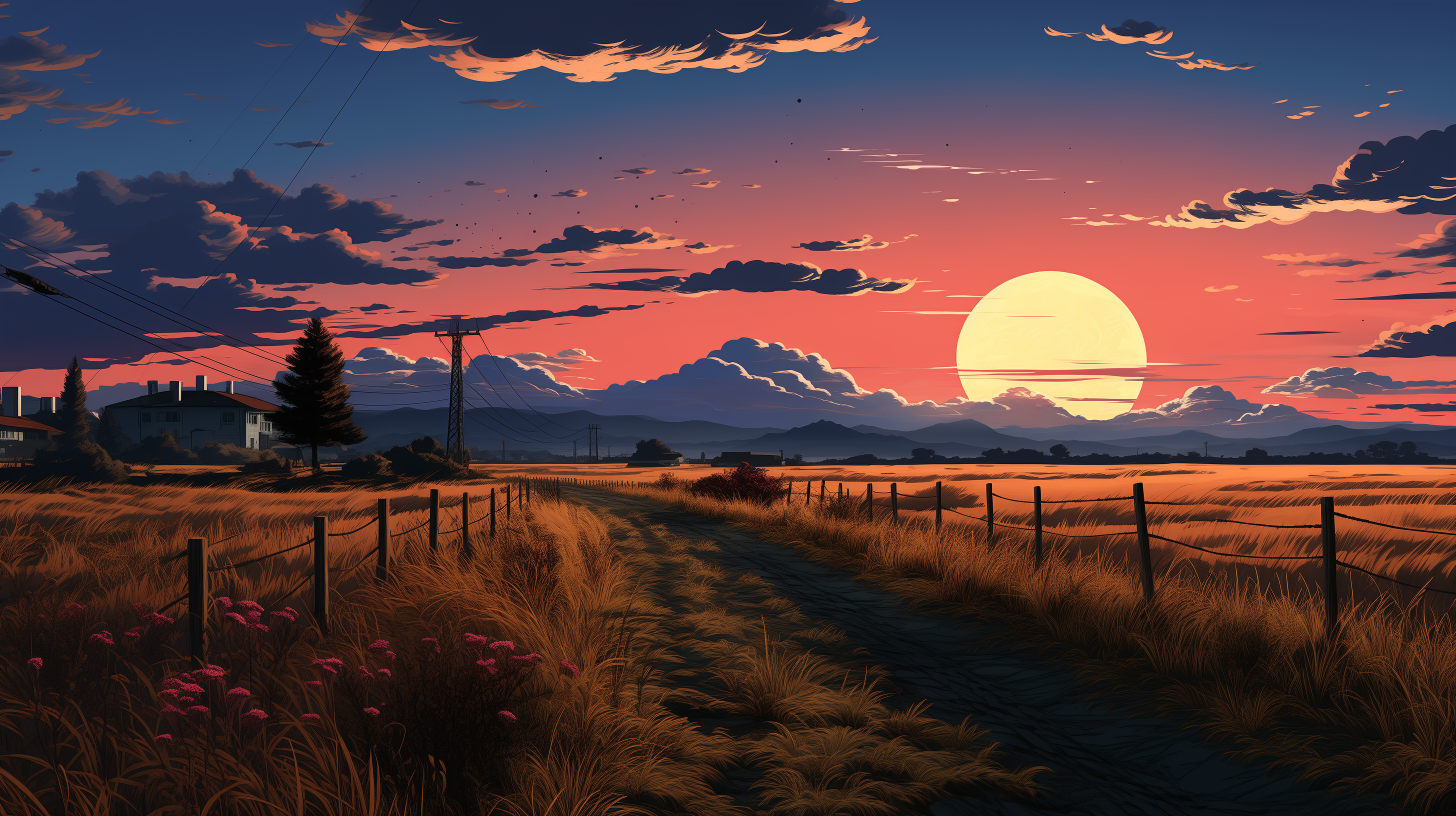 Feldweg, Sonnenuntergang, Wiese, Zaun, Digitale Malerei, 2K, Desktop-Hintergrund