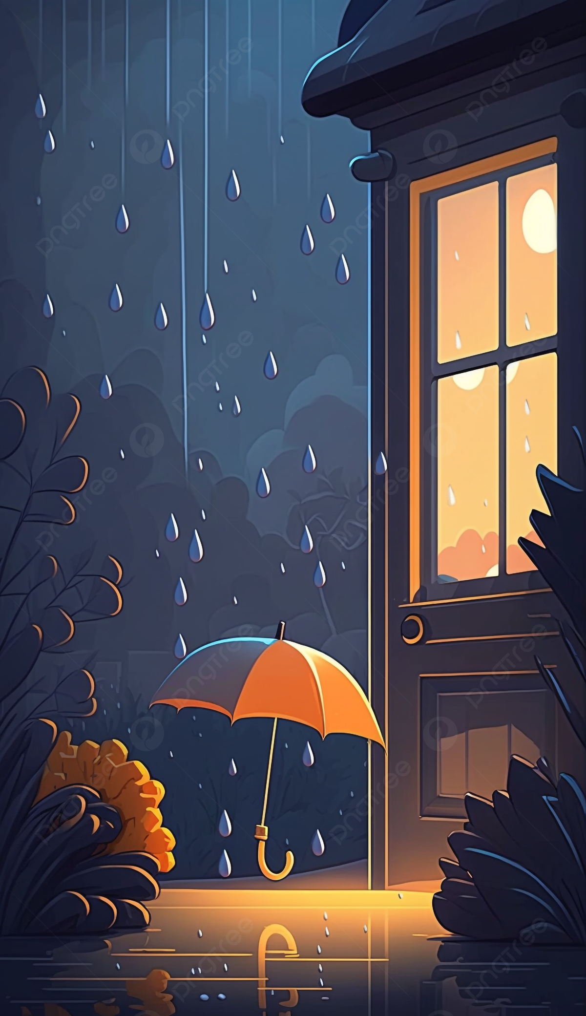 Illustration, Regenschirm, Haus, Beleuchtetes Fenster, Nacht, Full HD, Handy-Hintergrundbild