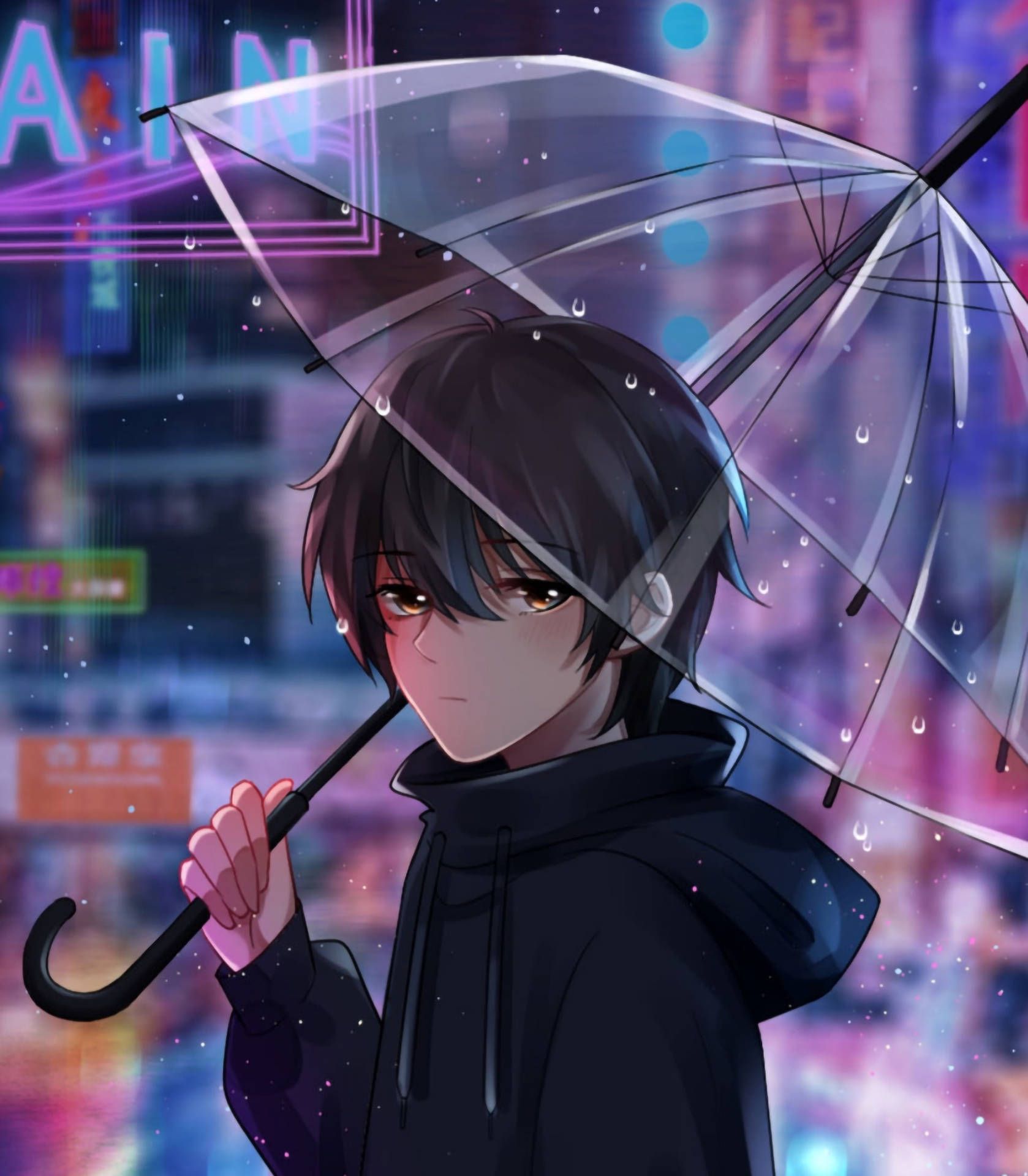 Anime-Junge, Durchsichtiger Regenschirm, Neonlichter, Kapuzenpulli, Anime, Full HD, Tablet-Hintergrund