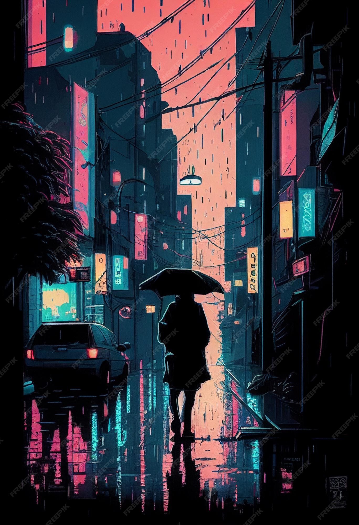 Illustration, Regenschirm, Gasse, Stadt bei Nacht, Neonlichter, Full HD, iPad-Hintergrundbild