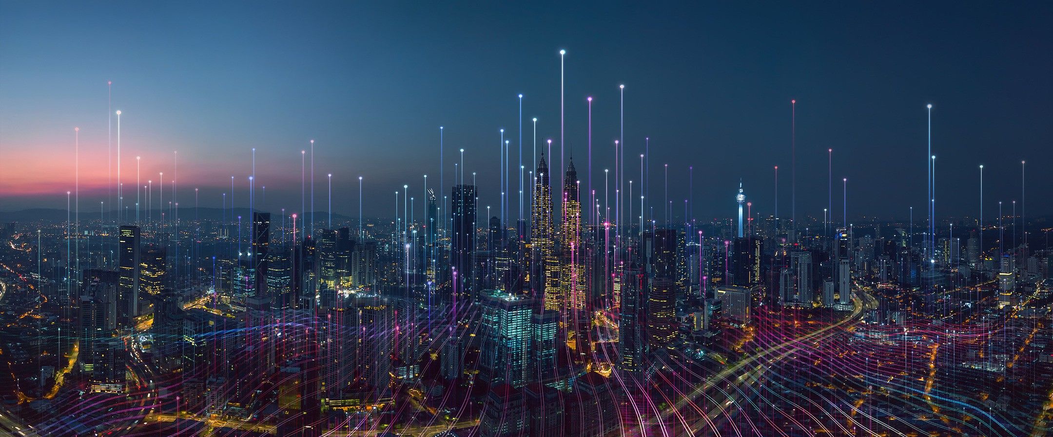 Smart City, Skyline, Datenlinien, Nacht, Digitalisierung, Full HD, Laptop-Hintergrundbild