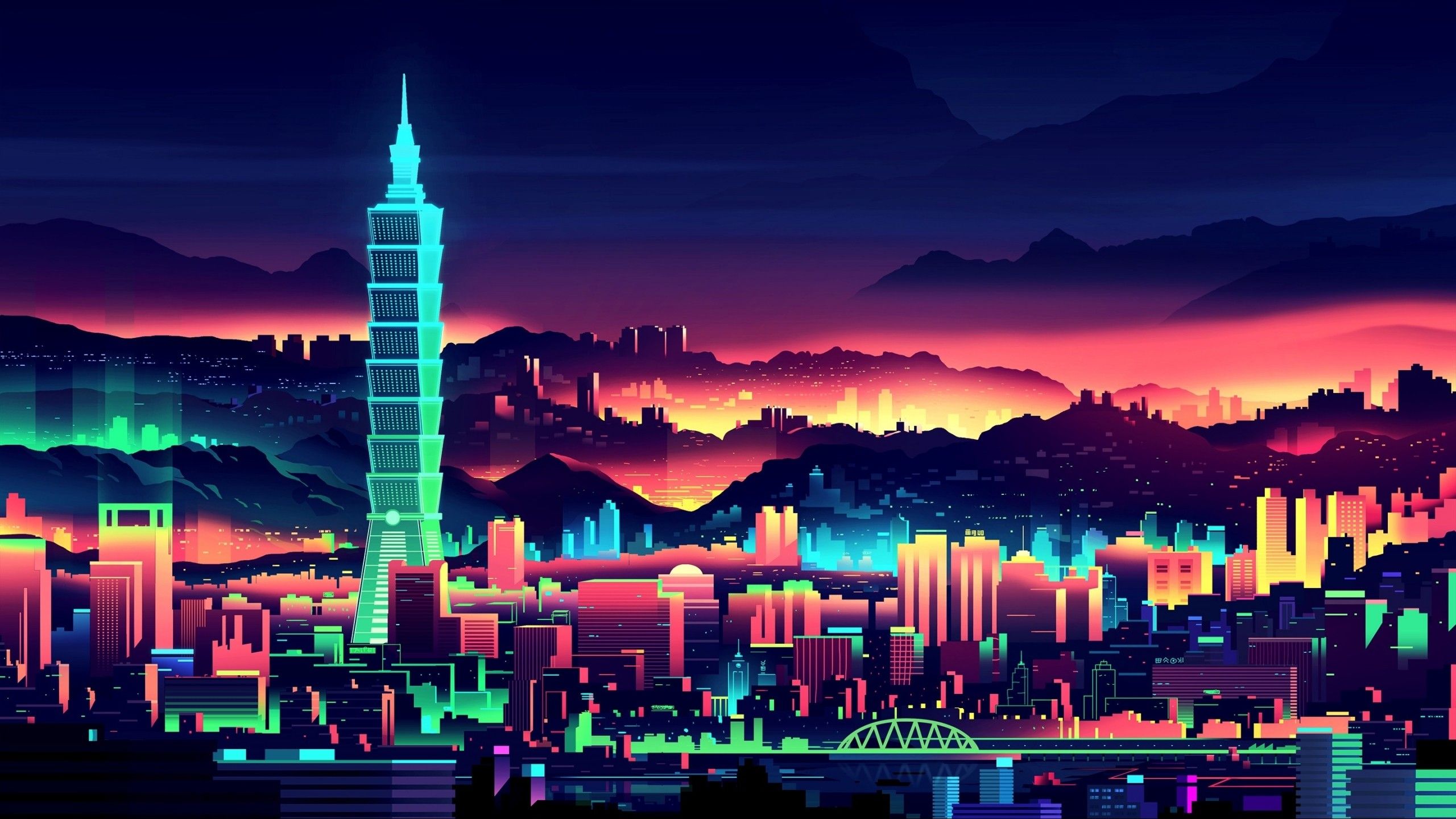 Taipei 101, Taipeh, Skyline, Neonfarben, Illustration, 2K, Desktop-Hintergrund für Windows