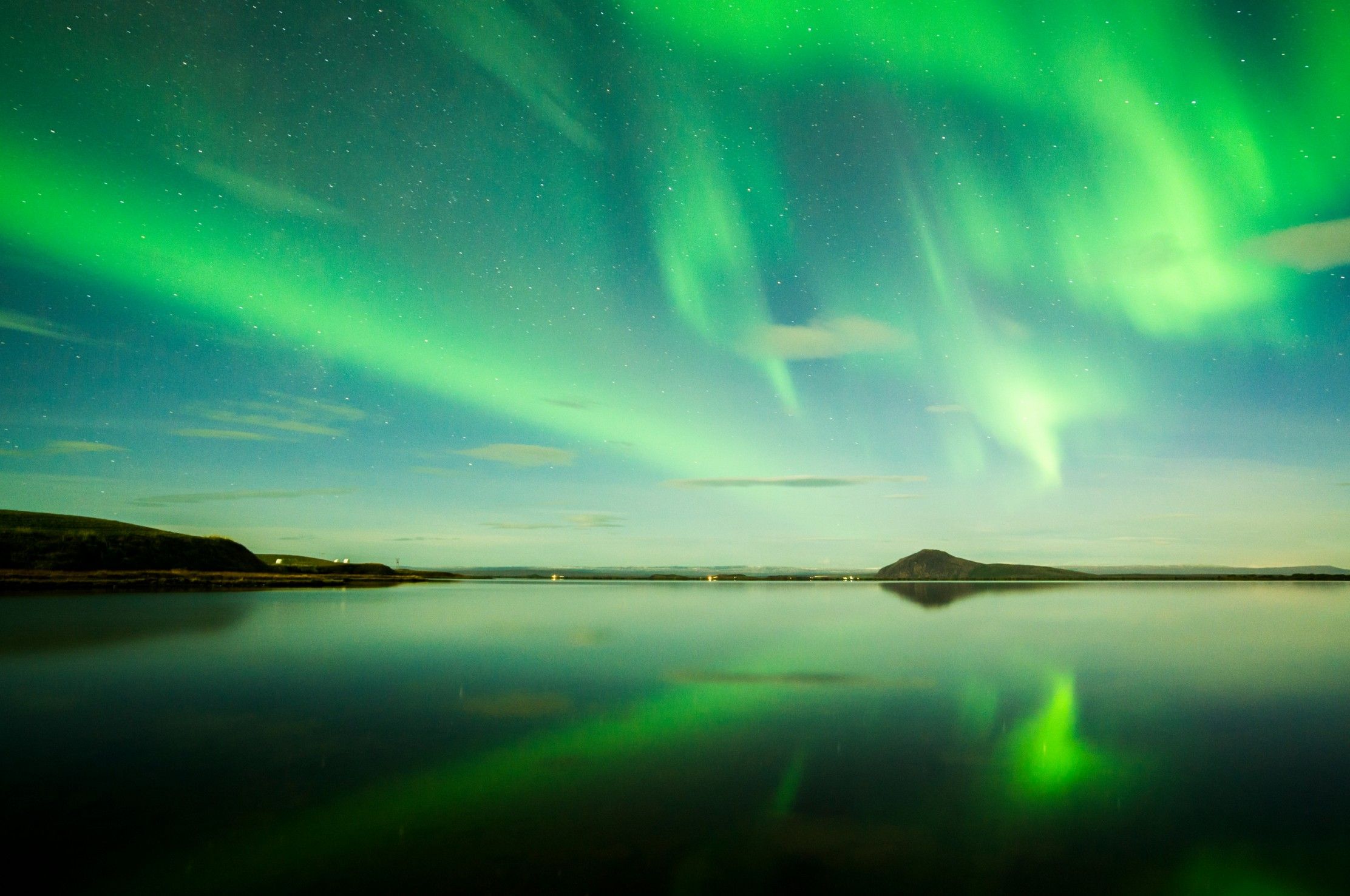 Polarlicht, See, Spiegelung, Nacht, Grün, Full HD, Desktop-Hintergrund für Windows