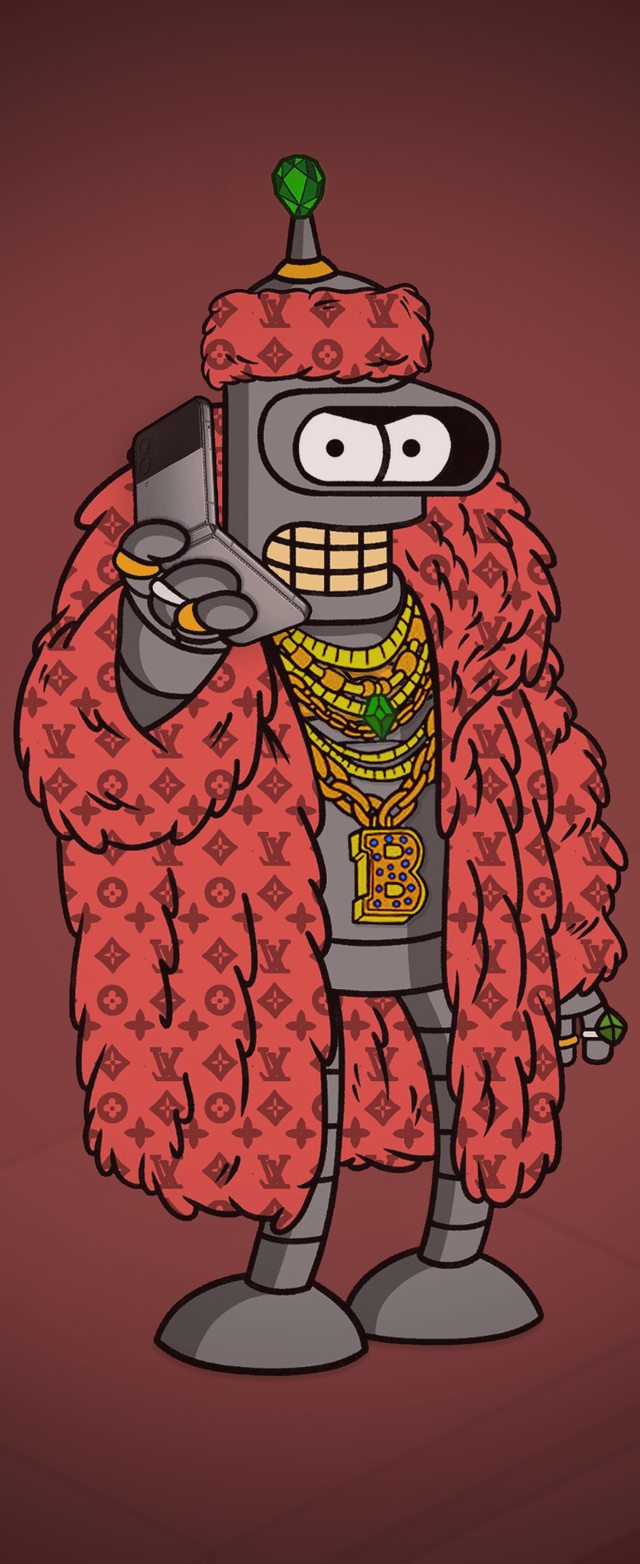 Bender, Futurama, Pelzmantel, Goldkette, Roboter, Hochformat, Hintergrundbild fürs Smartphone
