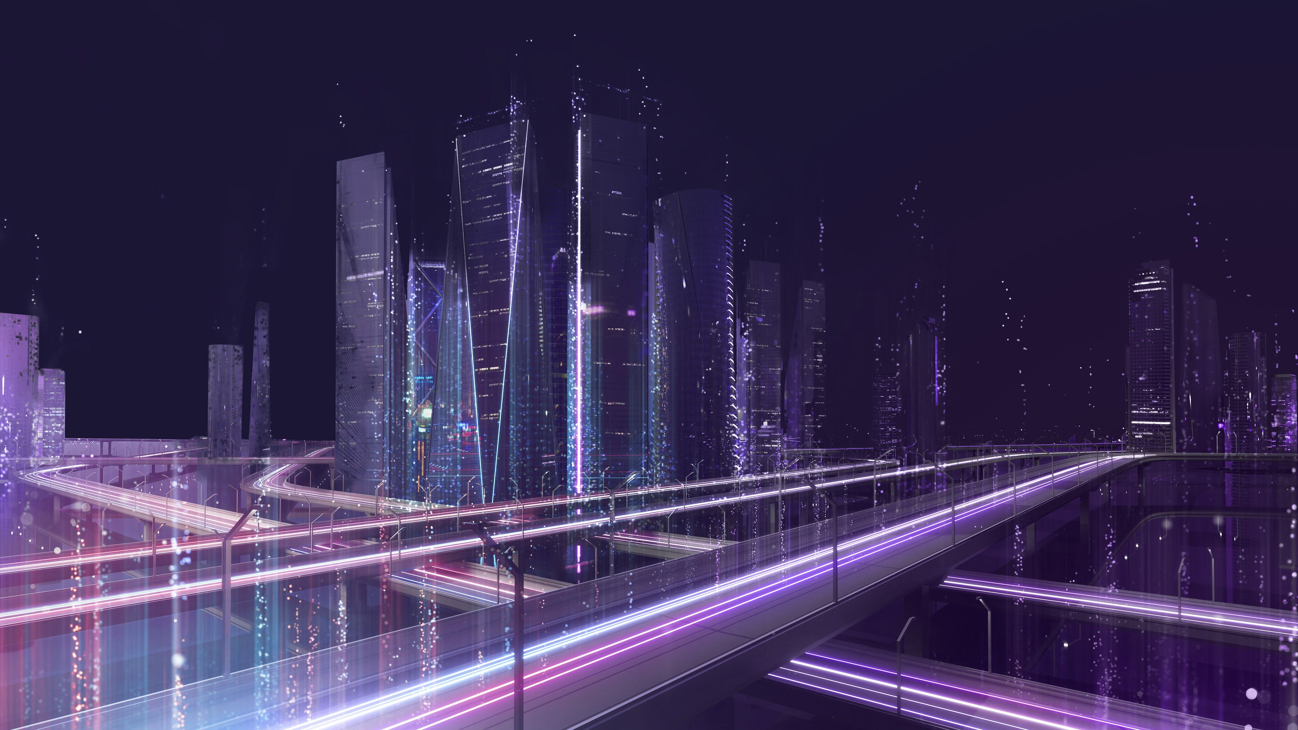Futuristische Stadt, Brücke, Lichtspuren, Violett, 3D-Rendering, 4K, Laptop-Hintergrundbild