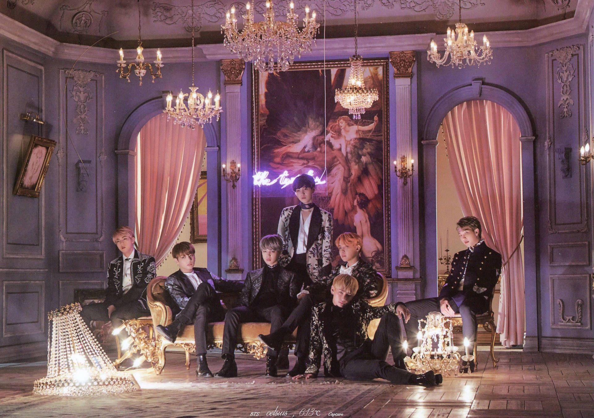 BTS, Palastkulisse, Kronleuchter, Bühnenbild, Auftritt, Full HD, Desktop-Hintergrund für Windows