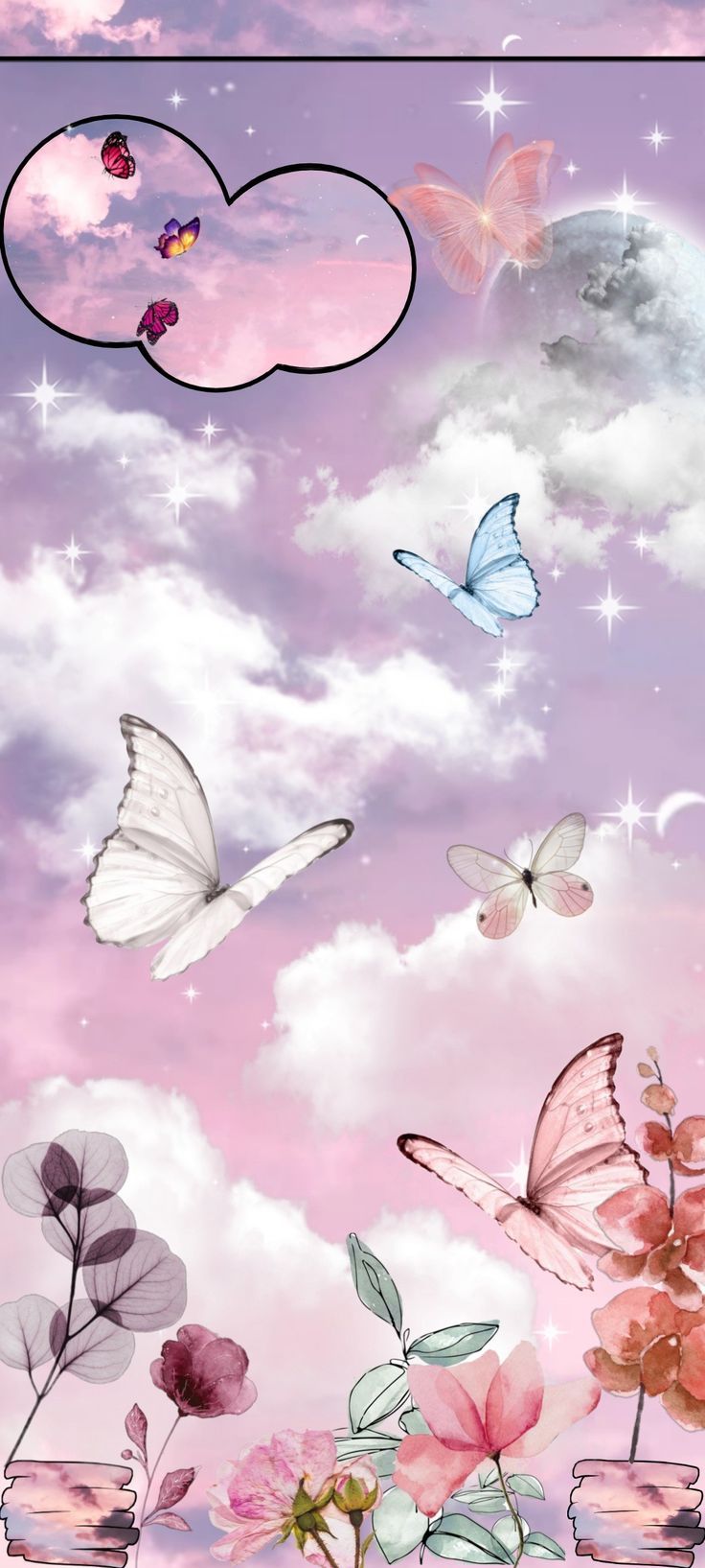 Schmetterlinge, Wolken, Rosa Himmel, Blumen, Verträumt, HD, Handy-Hintergrund im Hochformat