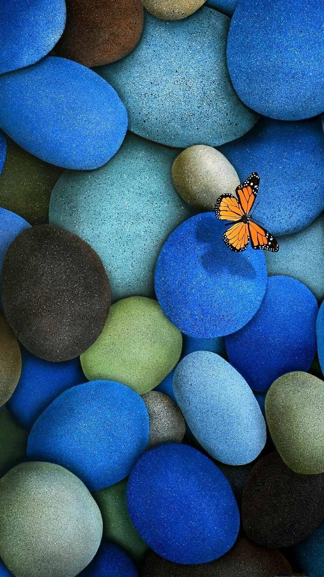 Kieselsteine, Schmetterling, Blaue Steine, Nahaufnahme, Full HD, Hintergrundbild fürs Handy