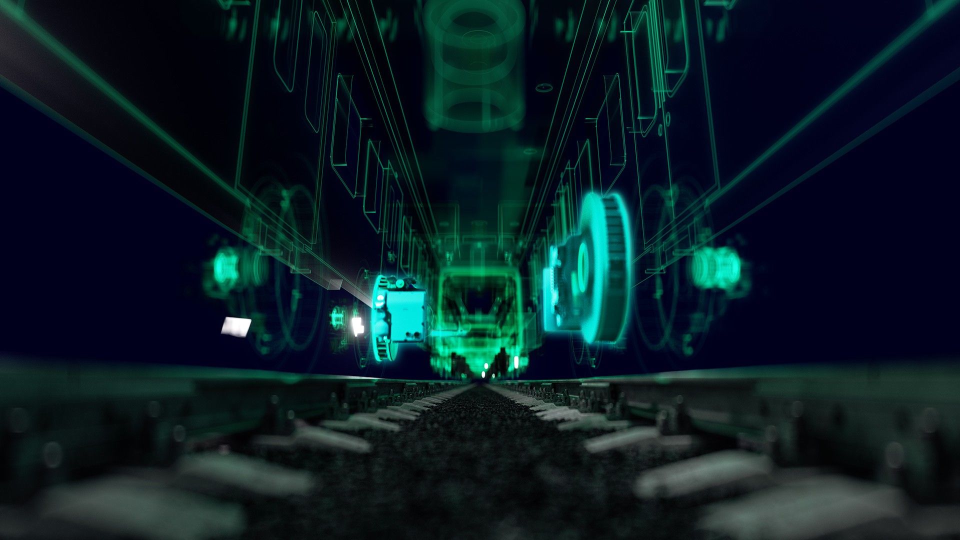 Zug, Schienen, Hologramm, Grün, Digitaler Zwilling, 1920x1080, Full-HD-Hintergrundbild für PC
