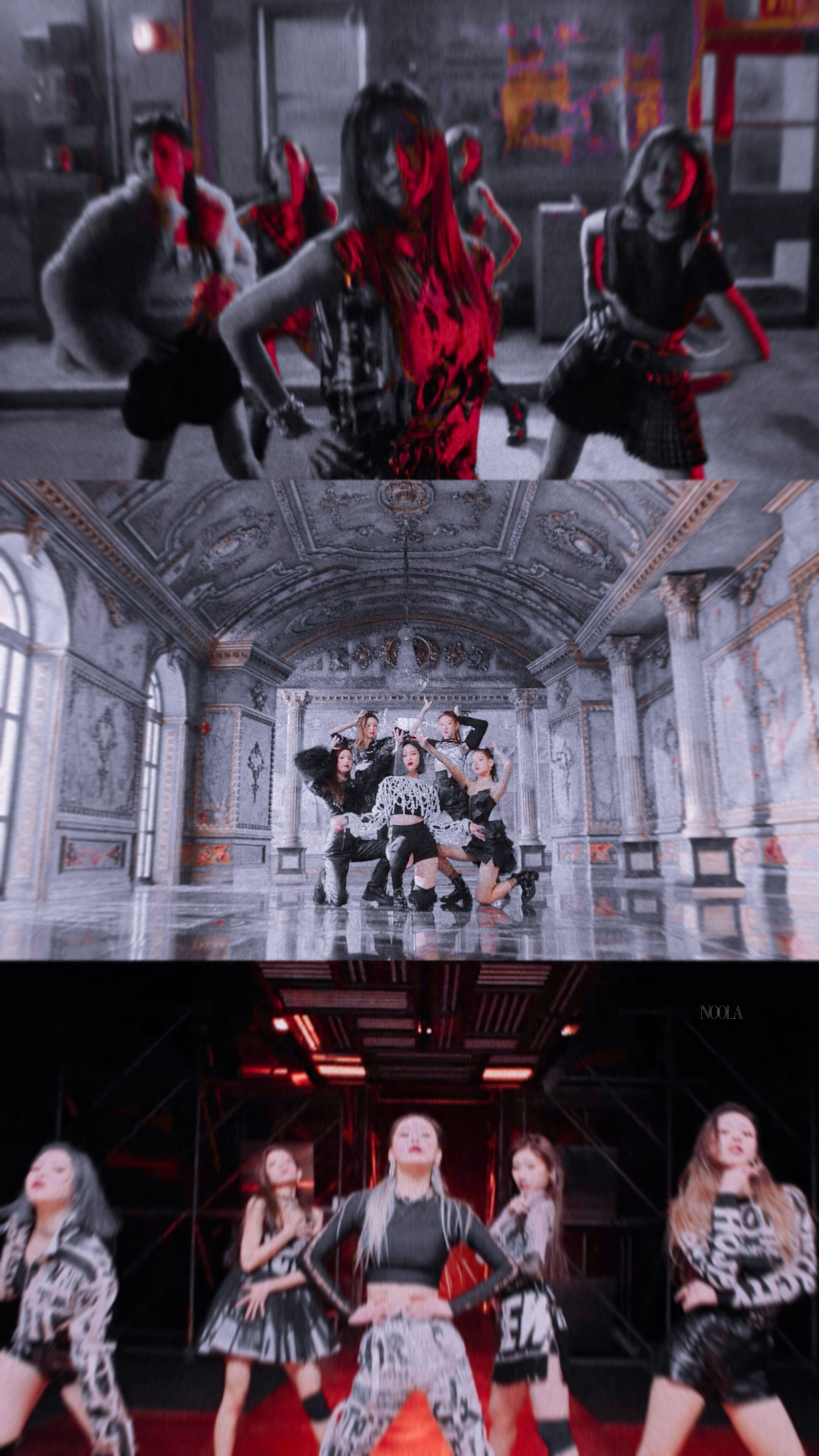 Girlgroup, K-Pop, Collage, Bühnenauftritt, Rote Outfits, QHD+, Handy-Hintergrund
