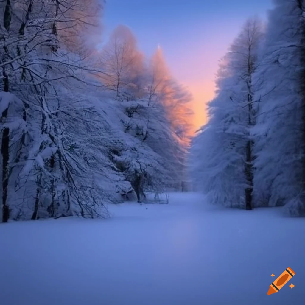 Verschneite Bäume, Waldlichtung, Sonnenuntergang, Blaue Stunde, Orange Himmel, iPad-Hintergrundbild