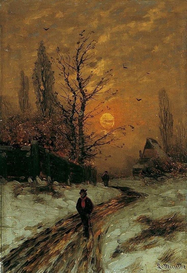 Gemälde, Wanderer, Sonnenuntergang, Kahle Bäume, Warme Töne, HD, Tablet-Hintergrund