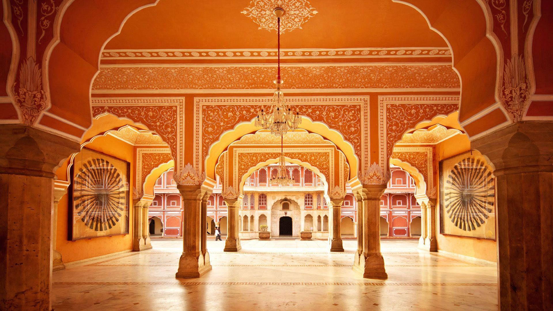 Stadtpalast (Jaipur), Jaipur, Rajasthan, Palast, Säulenhalle, Bögen, Orange, 1080p Wallpaper