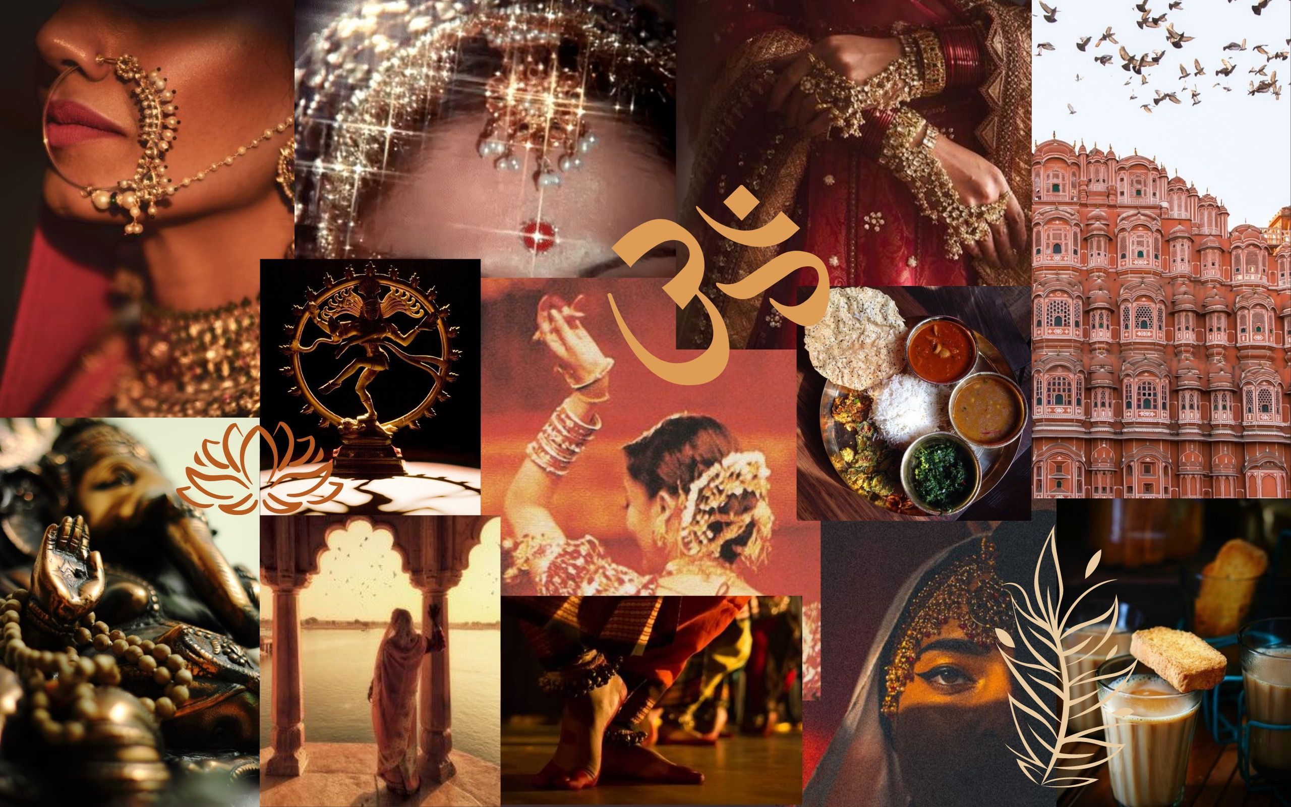 Collage, Om-Symbol, Hawa Mahal, Gewürze, Henna, Indische Kultur, 2K, Desktop-Hintergrund