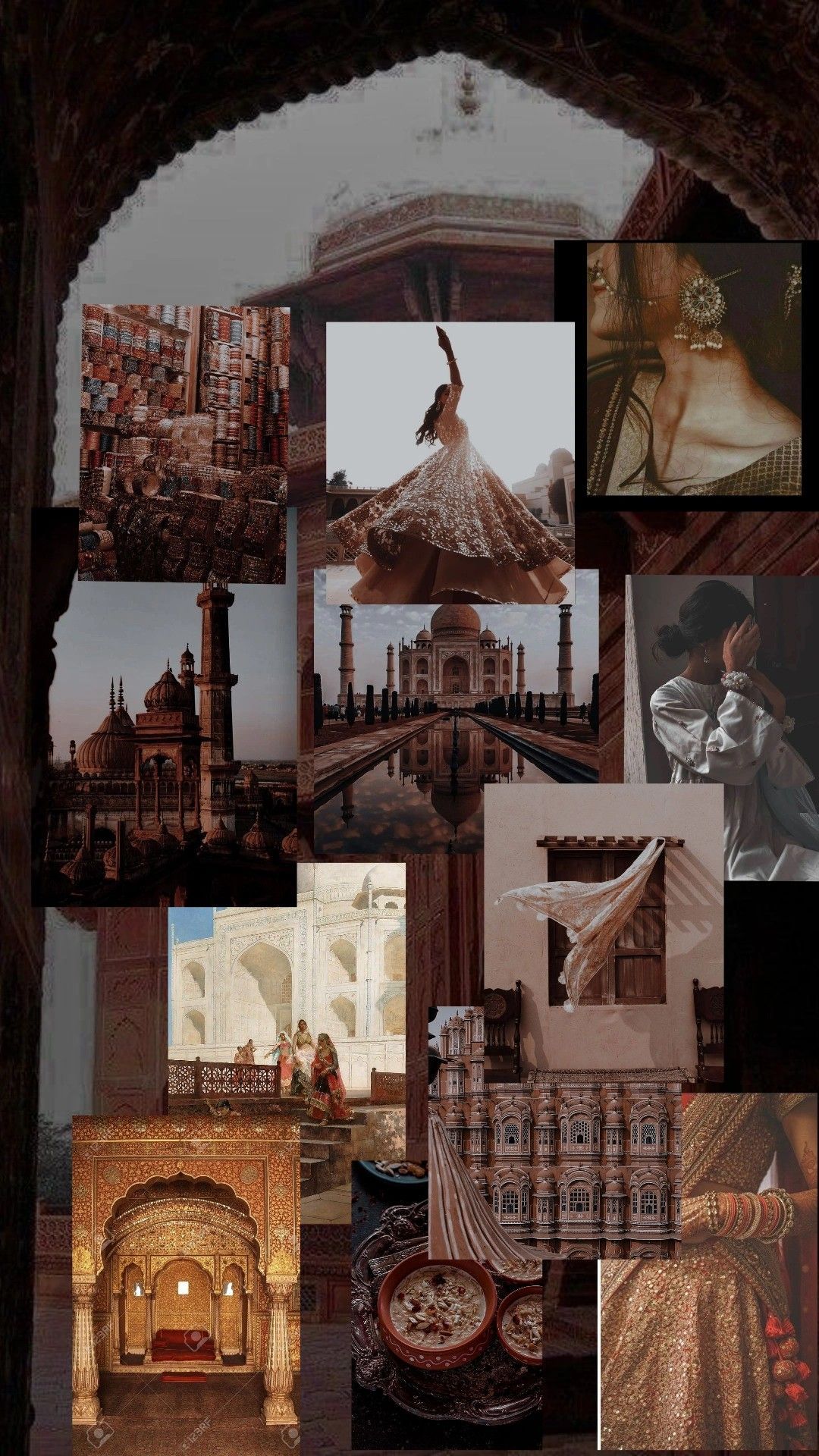 Collage, Taj Mahal, Torbogen, Indische Architektur, Braune Ästhetik, Hintergrundbild fürs Handy