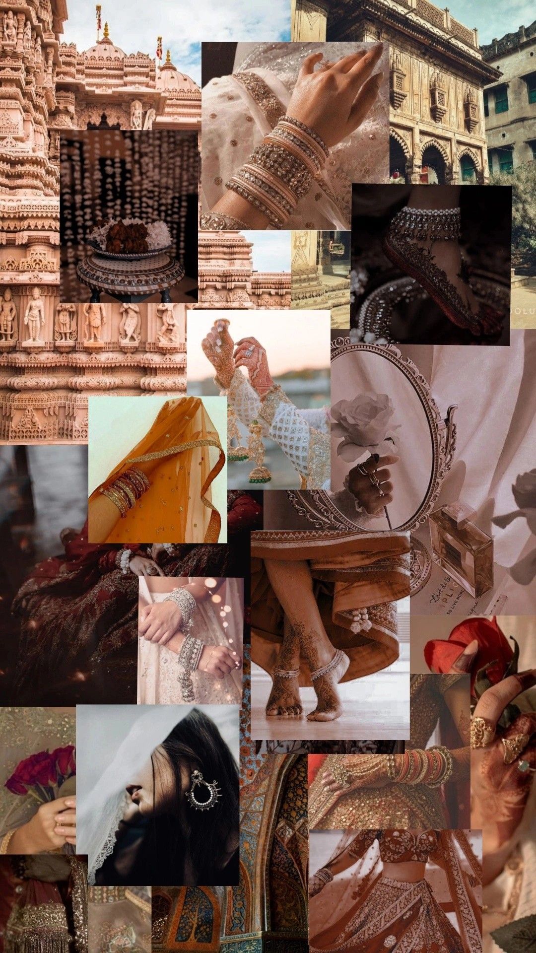 Collage, Henna, Sari, Schmuck, Indische Kultur, Beige, Hintergrundbild für iPhone und Android