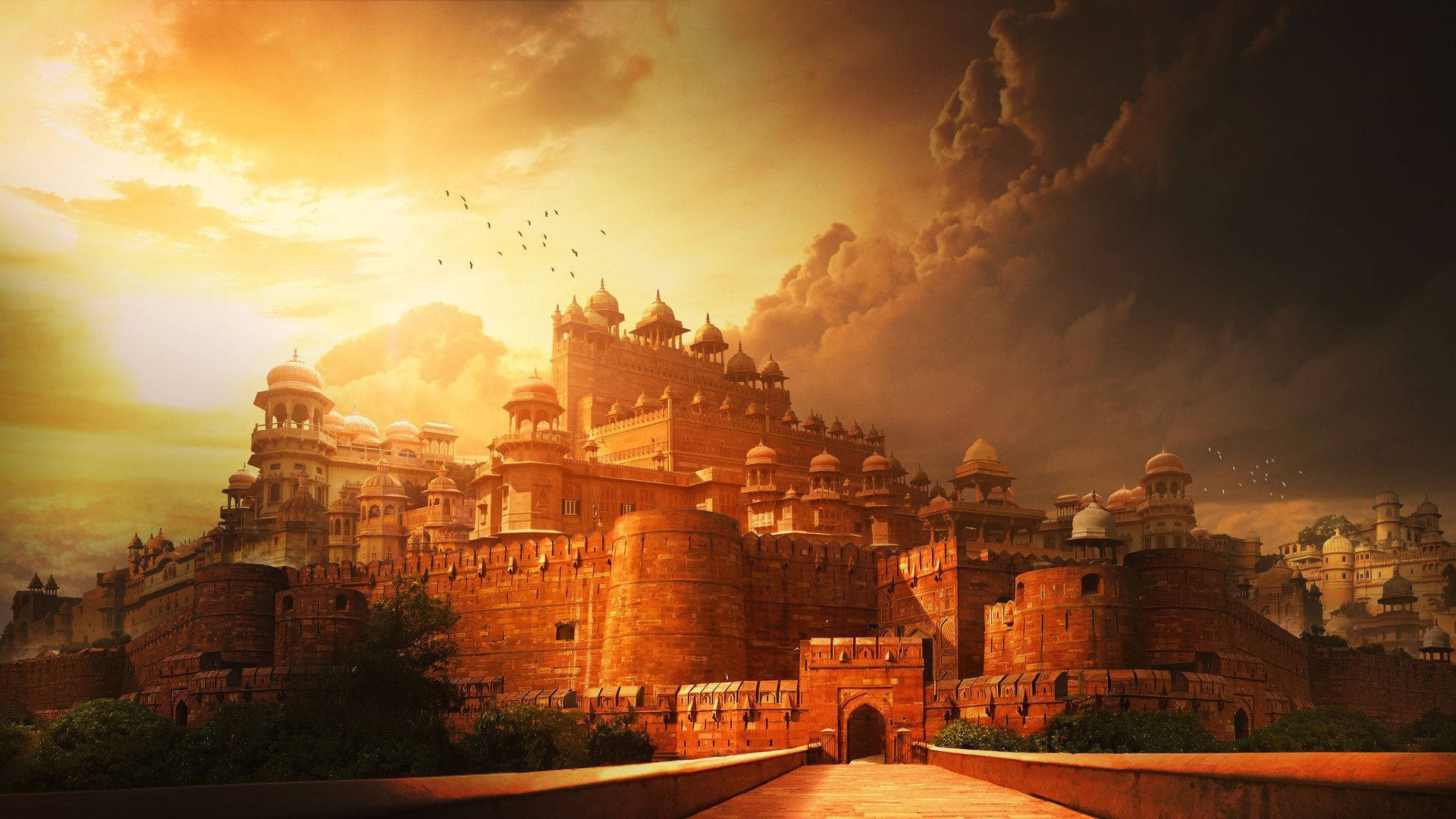 Festung, Indien, Sonnenuntergang, Dramatischer Himmel, Goldenes Licht, Vögel, Full-HD-Hintergrundbild