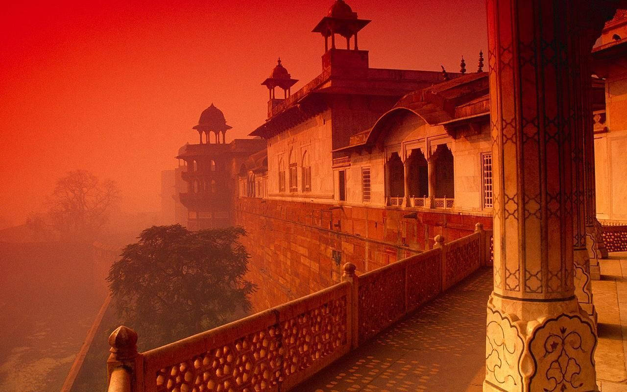 Festung, Palast, Rote Sandsteinarchitektur, Nebel, Roter Himmel, Indien, HD, PC-Hintergrundbild