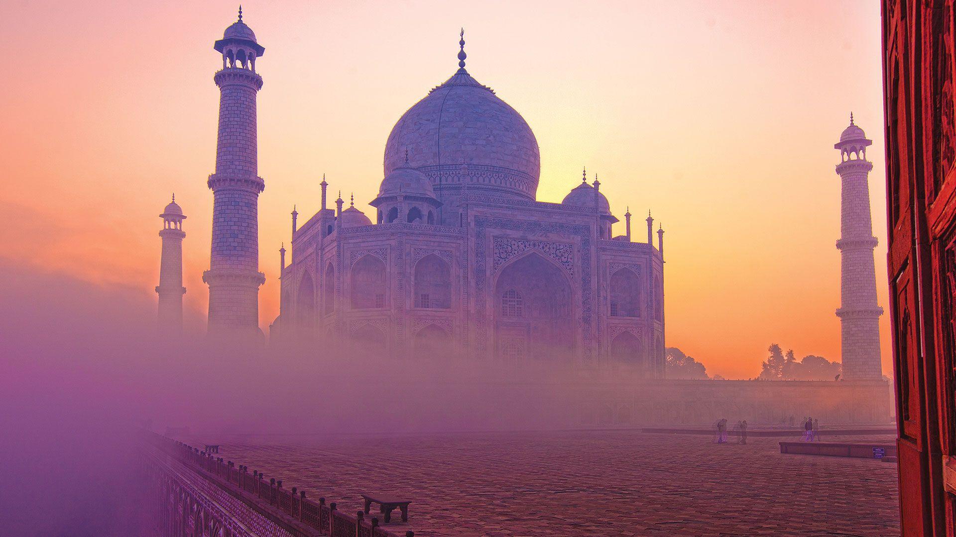 Taj Mahal, Agra, Indien, Minarett, Nebel, Sonnenaufgang, Lila Himmel, Full HD, Breitbild-Hintergrundbild