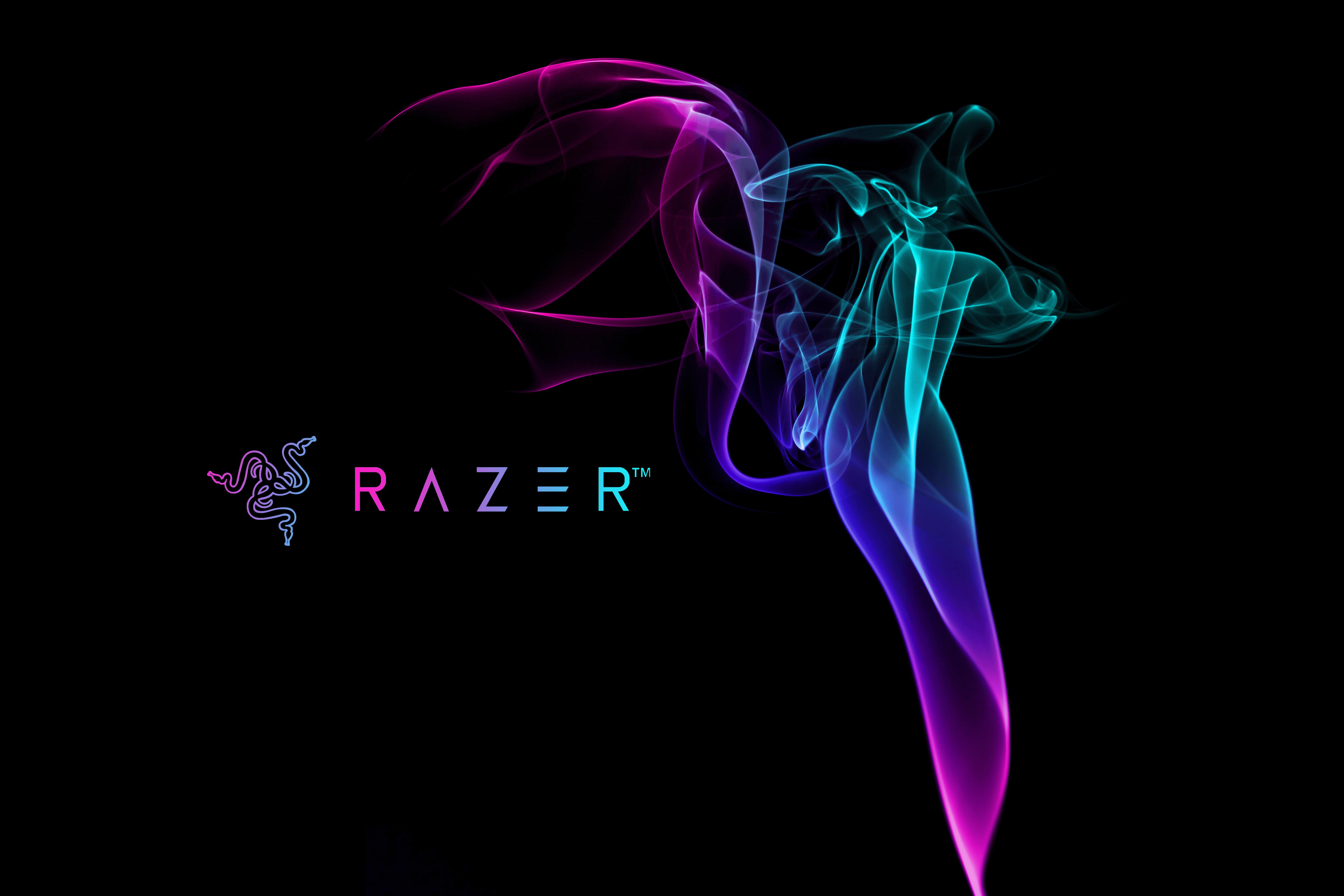 Razer, Schriftzug, Bunter Rauch, Schwarzer Hintergrund, 5K Wallpaper