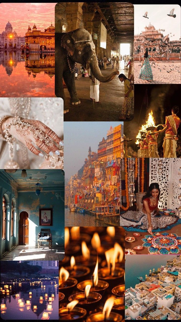 Collage, Varanasi, Ganges, Öllampen, Elefant, Indien, HD, Handy-Hintergrund im Hochformat