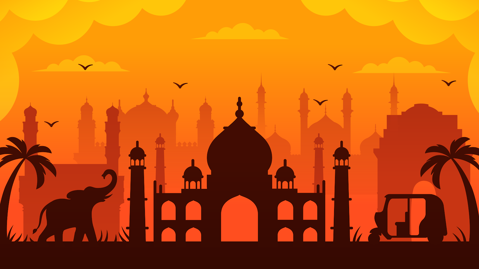 Silhouette, Indien, Taj Mahal, Elefant, Rikscha, Palmen, Vektorgrafik, Orange, HD Wallpaper