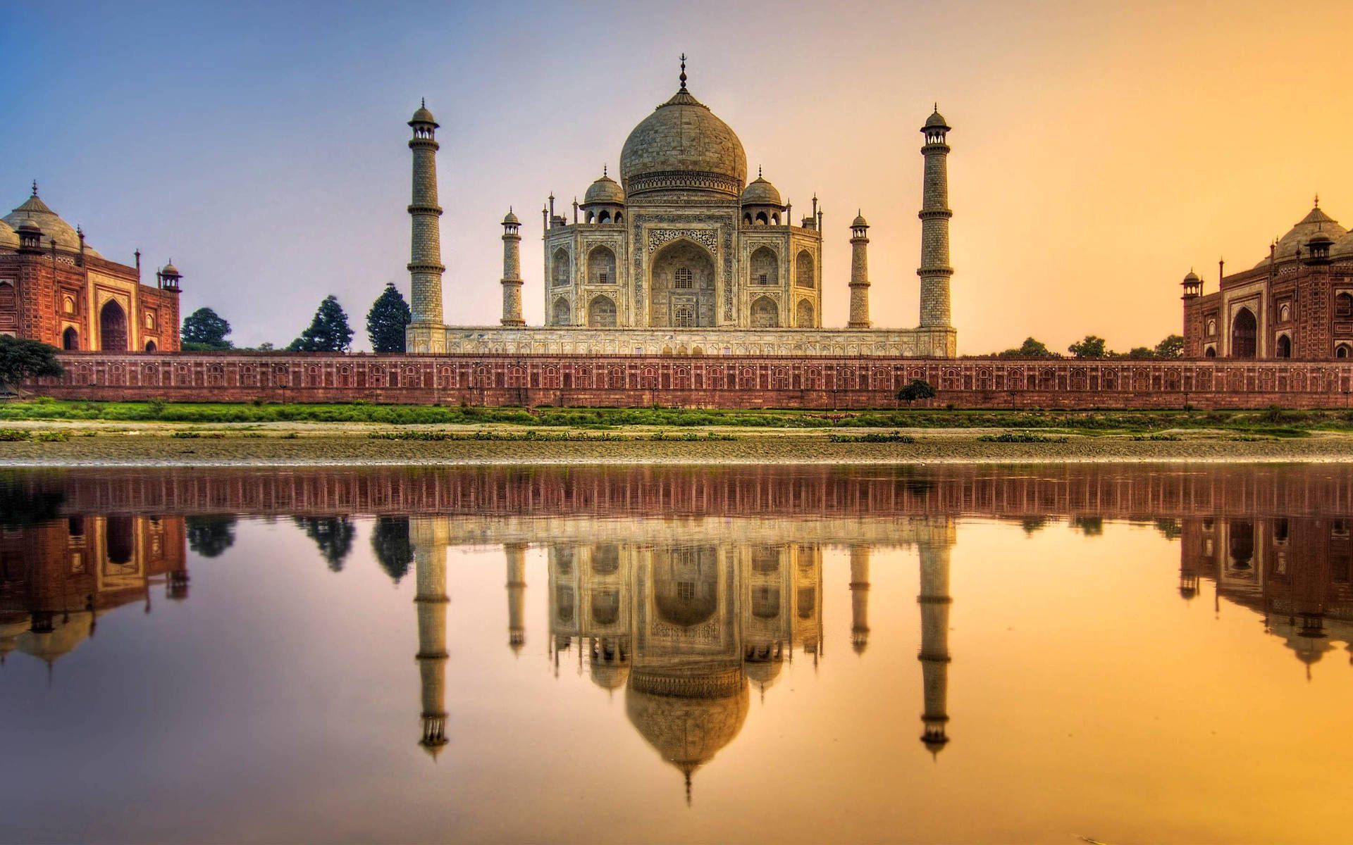Taj Mahal, Agra, Yamuna, Indien, Spiegelung, Sonnenuntergang, Full HD, Laptop-Hintergrundbild