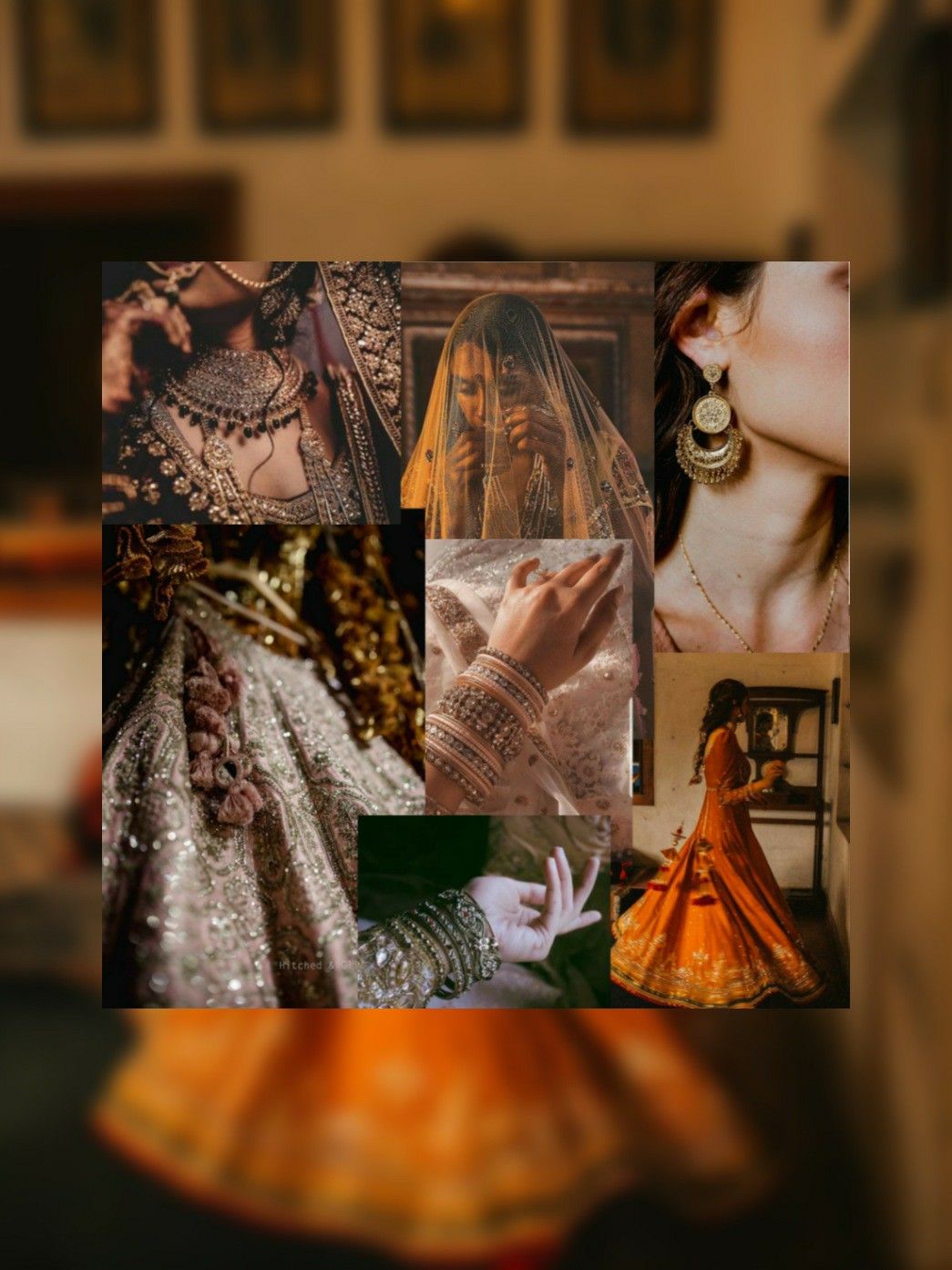 Collage, Indische Hochzeit, Braut, Lehenga, Schmuck, Goldtöne, Hintergrundbild fürs Tablet