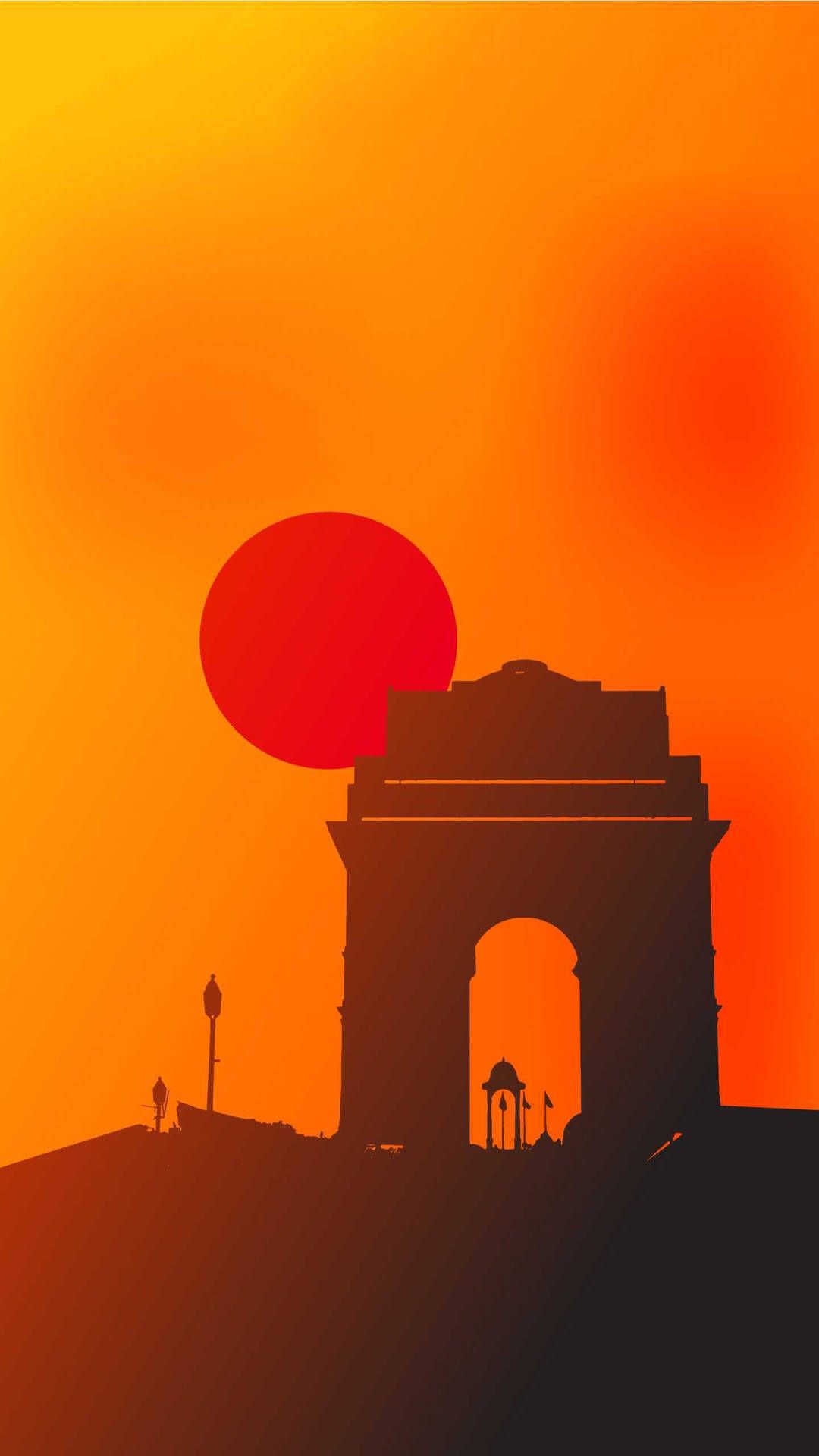 India Gate, Neu-Delhi, Indien, Silhouette, Rote Sonne, Orange, Full HD, Handy-Hintergrundbild