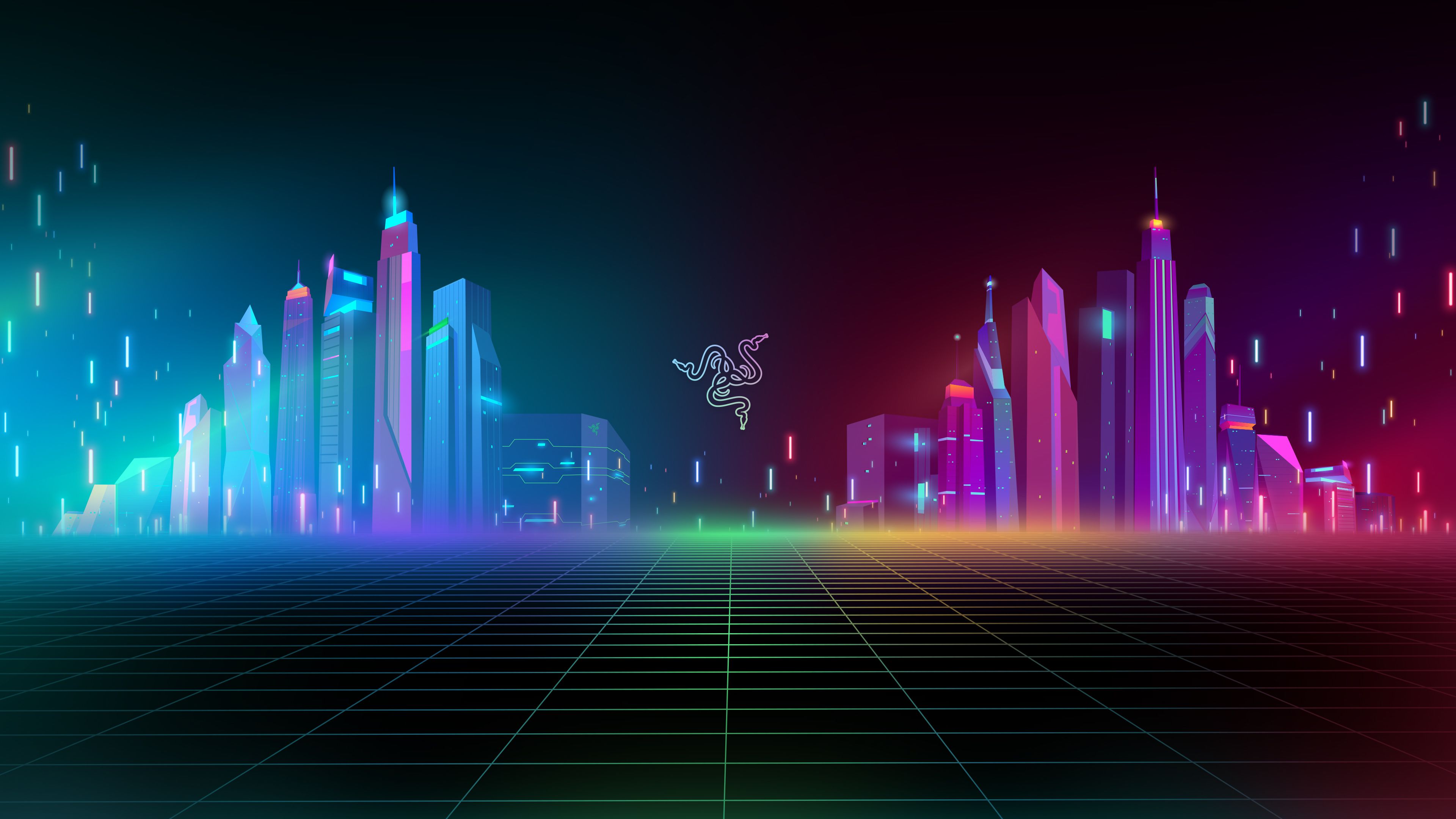 Razer, Neonstadt, Skyline, Synthwave, Raster, 4K, Hintergrundbild für den PC