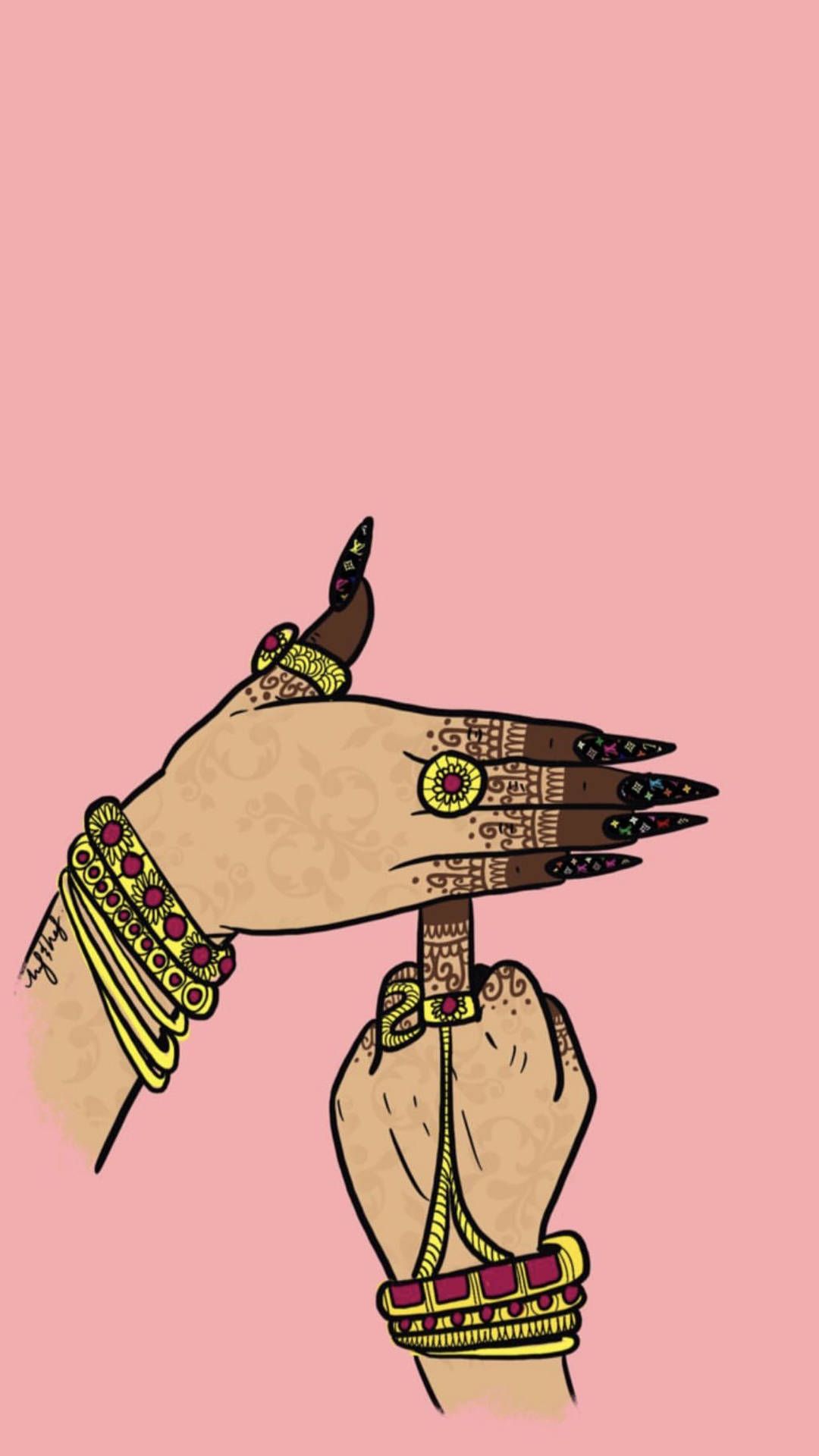 Hände, Henna, Armreifen, Mudra, Illustration, Rosa Hintergrund, Sperrbildschirm fürs iPhone