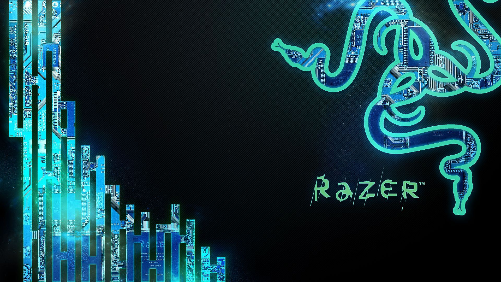 Razer, Schriftzug, Türkis, Digitale Blöcke, Dunkel, 1920x1080, Full-HD-Hintergrundbild für PC