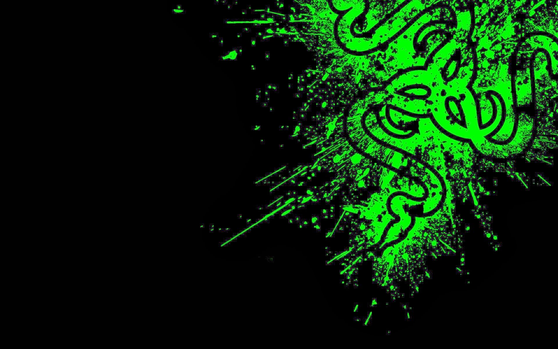 Razer, Grüne Farbspritzer, Schwarzer Hintergrund, Grunge, Full HD Wallpaper