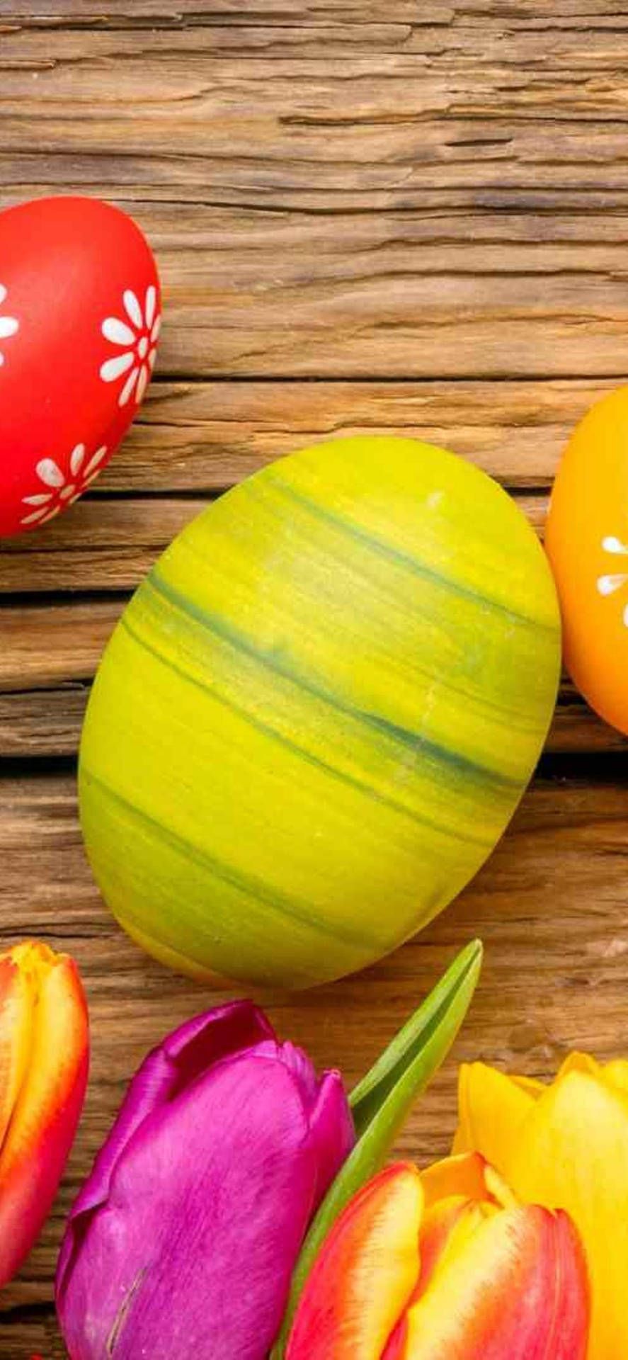 Ostereier, Tulpen, Holztisch, Gelb, Frühling, HD, Handy-Hintergrund im Hochformat