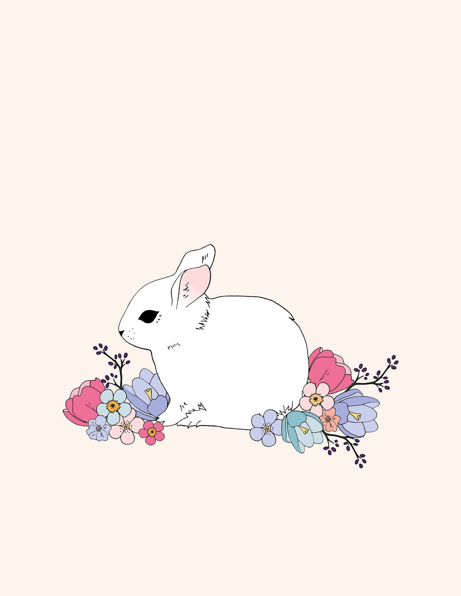 Weißer Hase, Blumen, Illustration, Minimalistisch, Creme, Hintergrundbild fürs Tablet