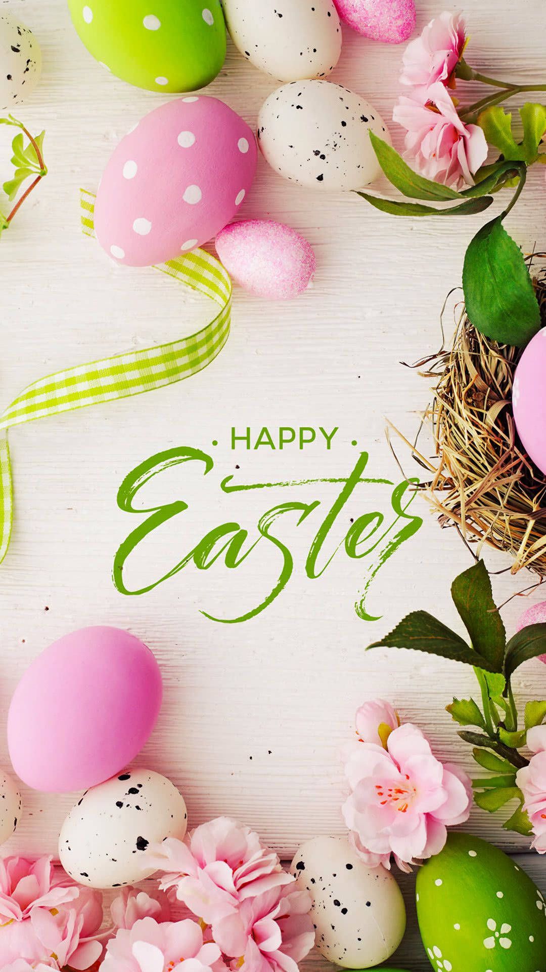 Happy Easter, Ostereier, Rosa Blumen, Grün, Frühling, Full HD, Handy-Hintergrund im Hochformat