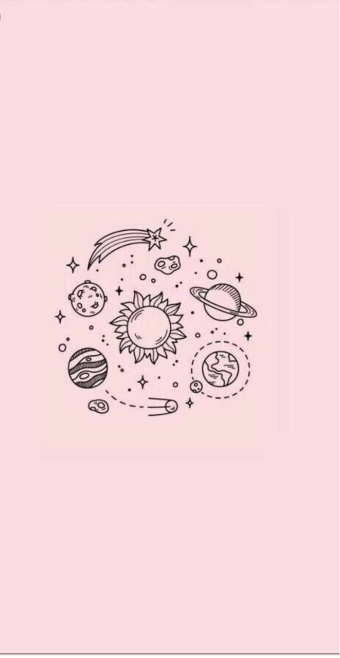 Planeten, Weltraum, Doodles, Pastellrosa, Minimalistisch, Hintergrundbild fürs Handy