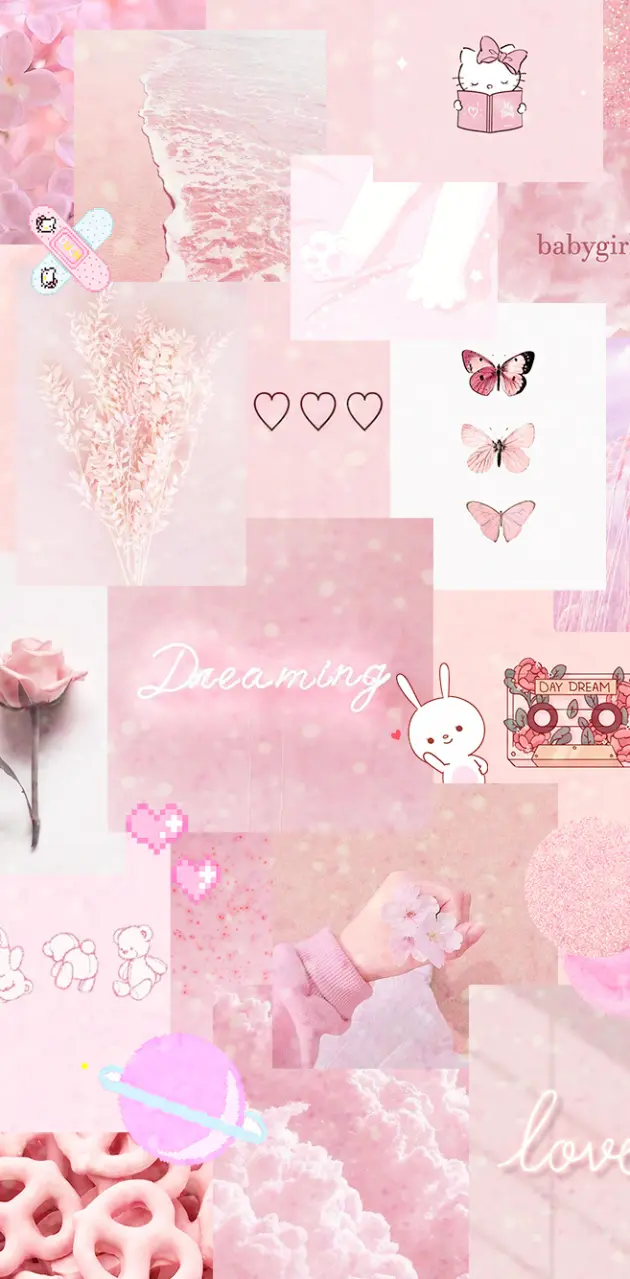 Collage, Rosa Ästhetik, Herzen, Moodboard, Pastell, Hintergrundbild für iPhone und Android