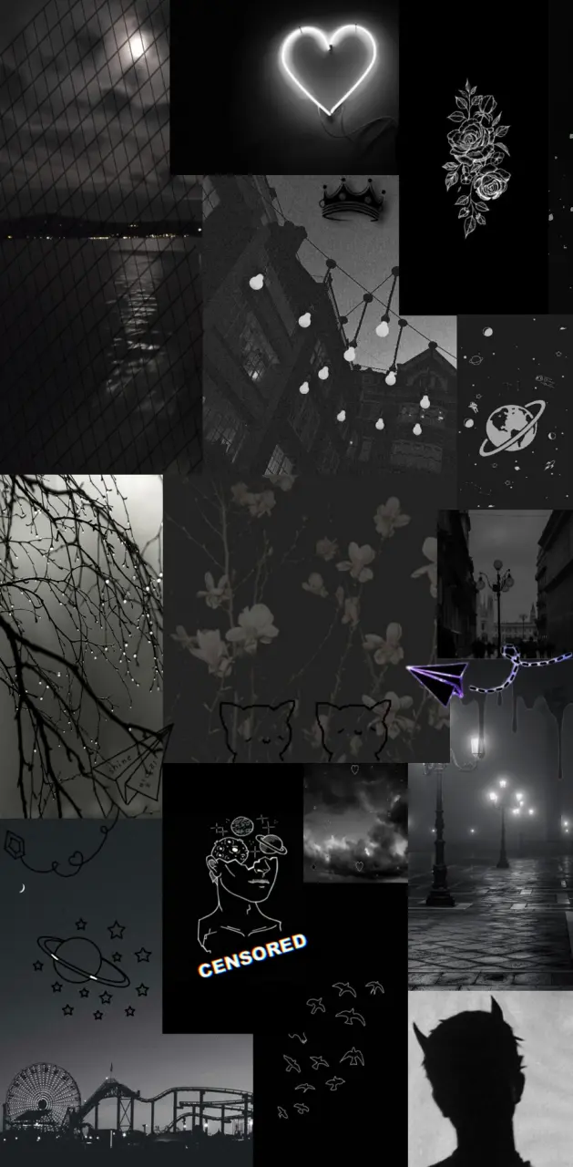 Collage, Dunkle Ästhetik, Neon-Herz, Schwarz-Weiß, Moodboard, Android-Hintergrundbild