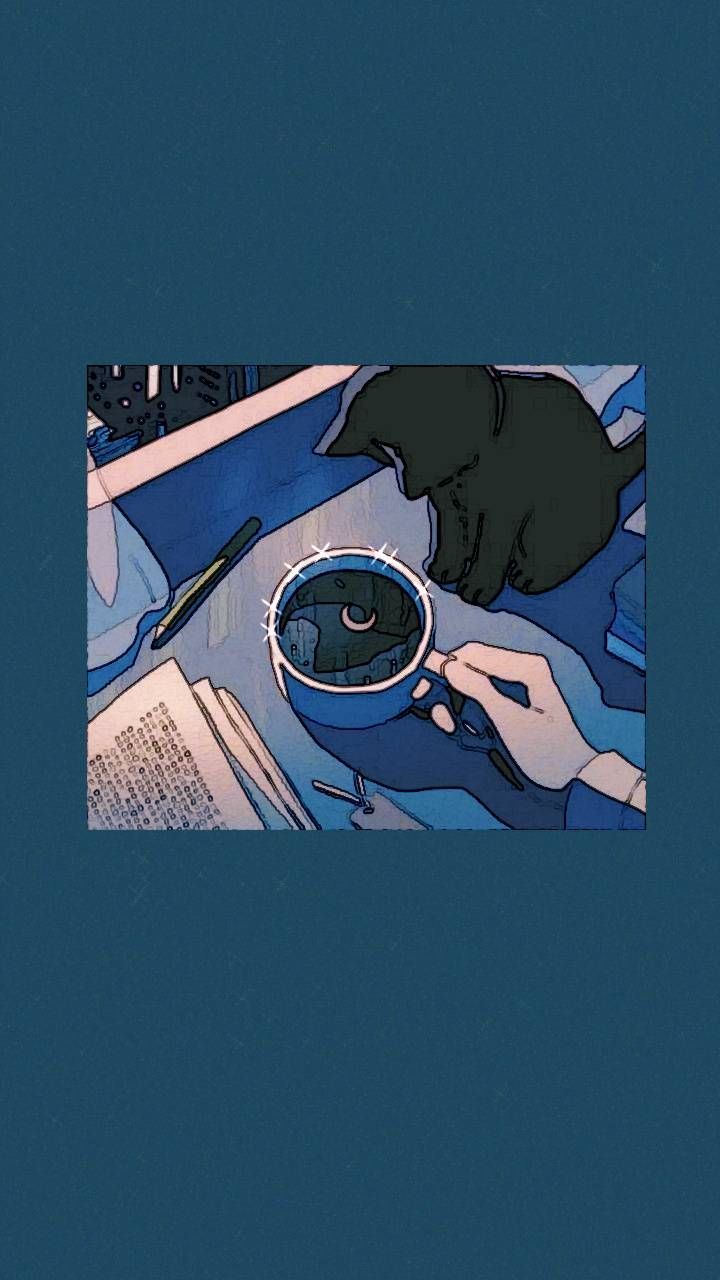 Anime-Stil, Kaffeetasse, Hände, Dunkelblau, Illustration, HD, iPhone-Hintergrundbild
