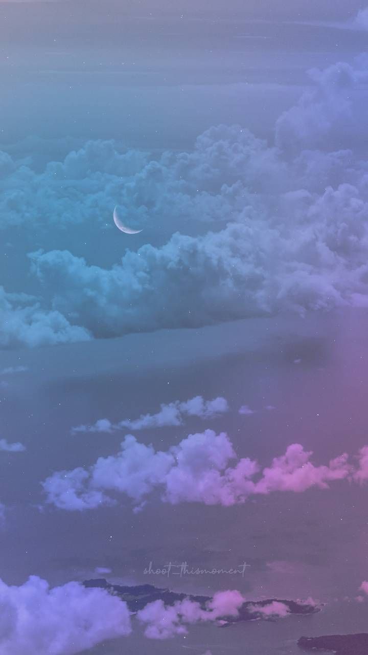 Wolken, Halbmond, Lila und Türkis, Himmel, Verträumt, Pastell, HD, Handy-Hintergrund